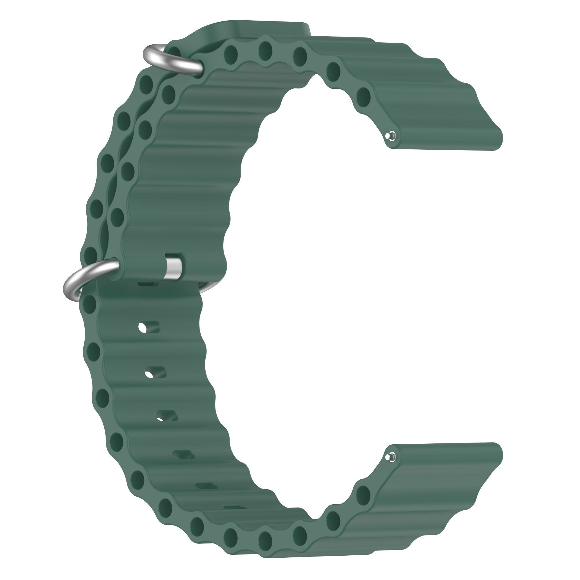 Ein grünes Silikon-Uhrenarmband mit silbernen Metallverschlüssen. Das Band ist gebogen und hat eine wellenförmige Textur mit kreisförmigen Löchern.