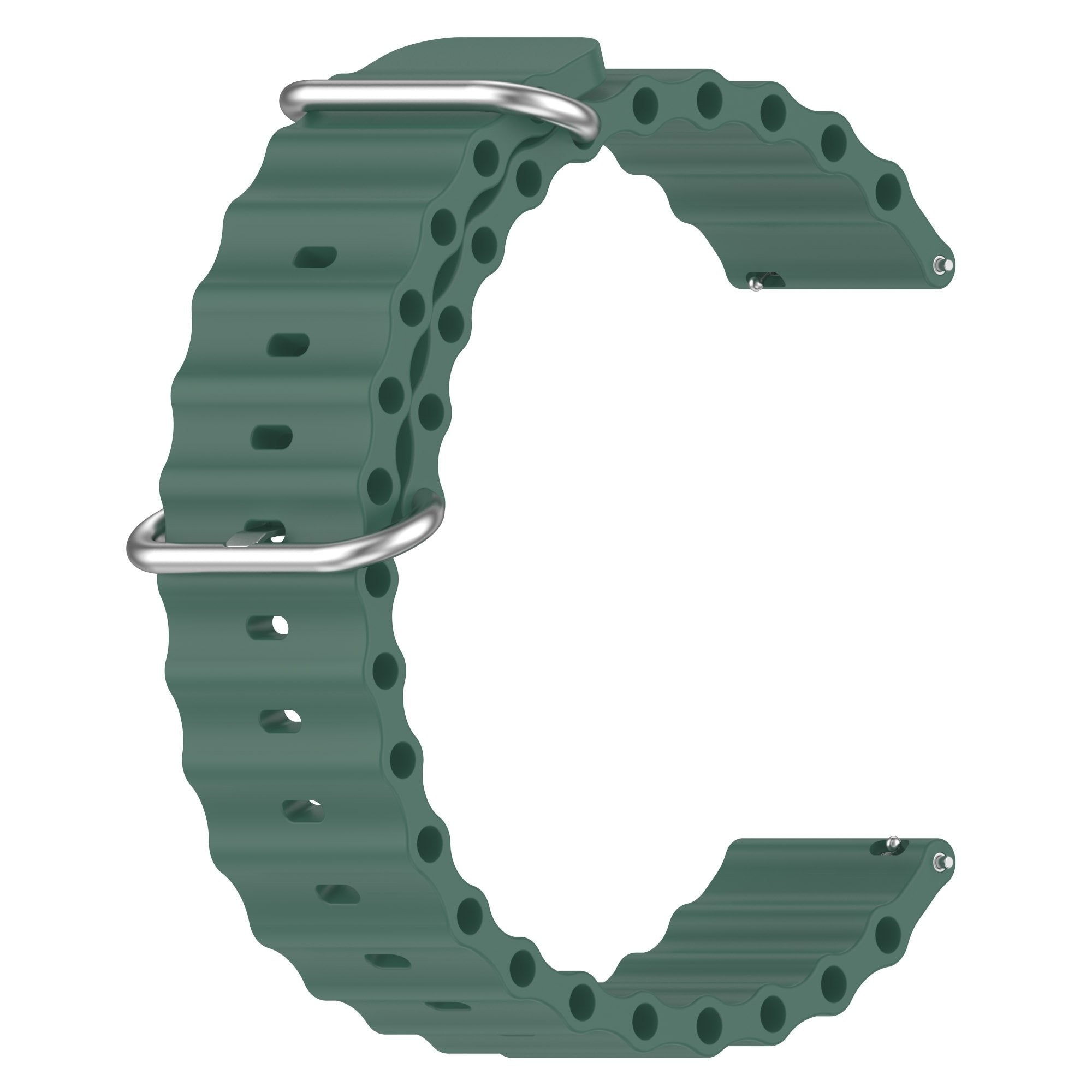 Ein grünes Armband mit gewelltem Design und einer silbernen Metallschnalle. Isoliert auf weißem Hintergrund.
