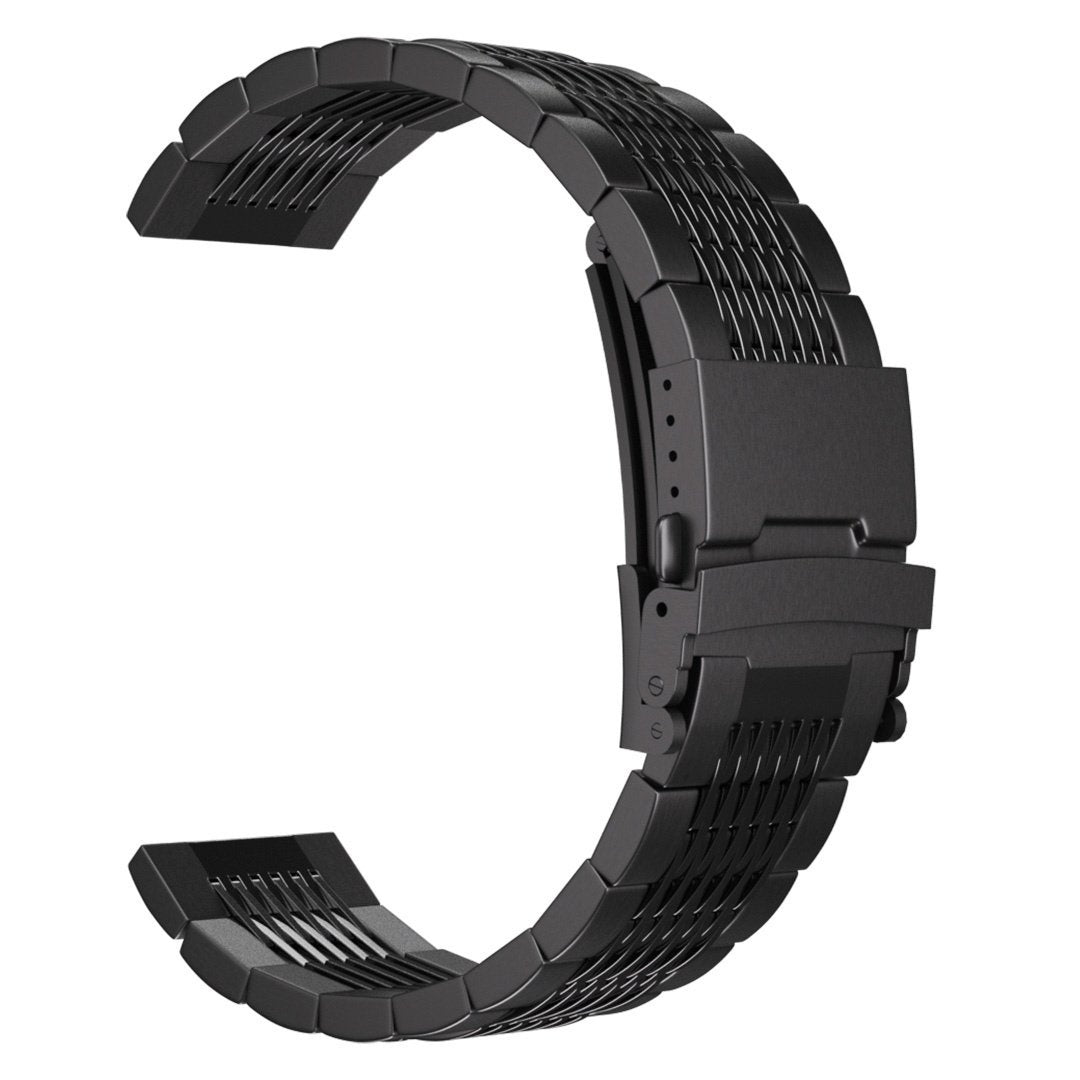 Ein schwarzes, gebogenes Uhrenarmband. Es hat einen Verschluss und ein strukturiertes Design. Das Band besteht aus verbundenen rechteckigen Teilen.