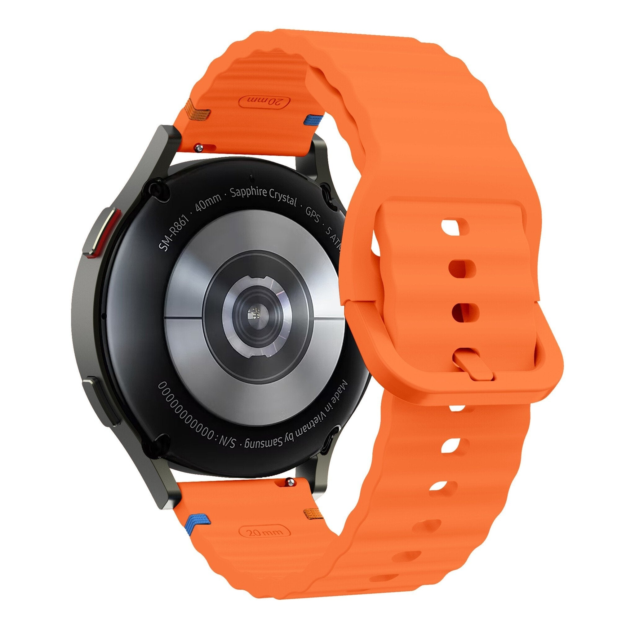 Schwarze Smartwatch mit orangefarbenem Armband. Die Uhr ist schwarz mit silbernen Kanten und hat ein Saphirkristall. Das Armband ist orange mit Löchern.