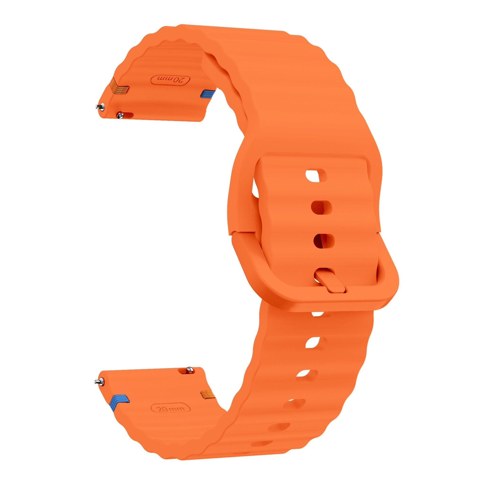 Ein orangefarbenes Uhrenarmband mit Schnalle, isoliert auf Weiß. Das Armband ist 20 mm breit und hat Löcher zur Einstellung.