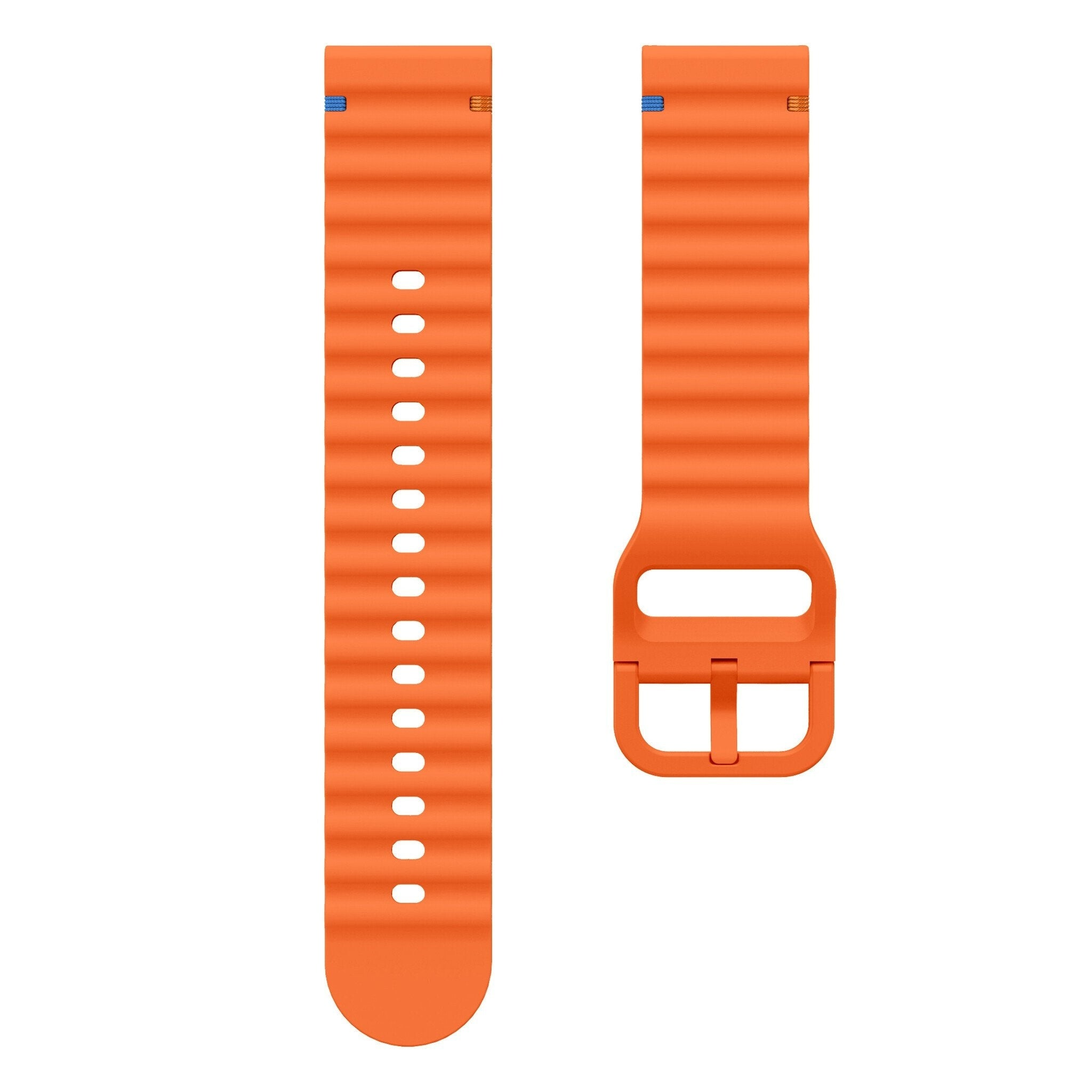 Zwei orangefarbene Uhrenarmbänder. Eines mit Löchern zur Verstellung, das andere mit einer Schnalle. Beide haben eine strukturierte Oberfläche und blaue Akzente.