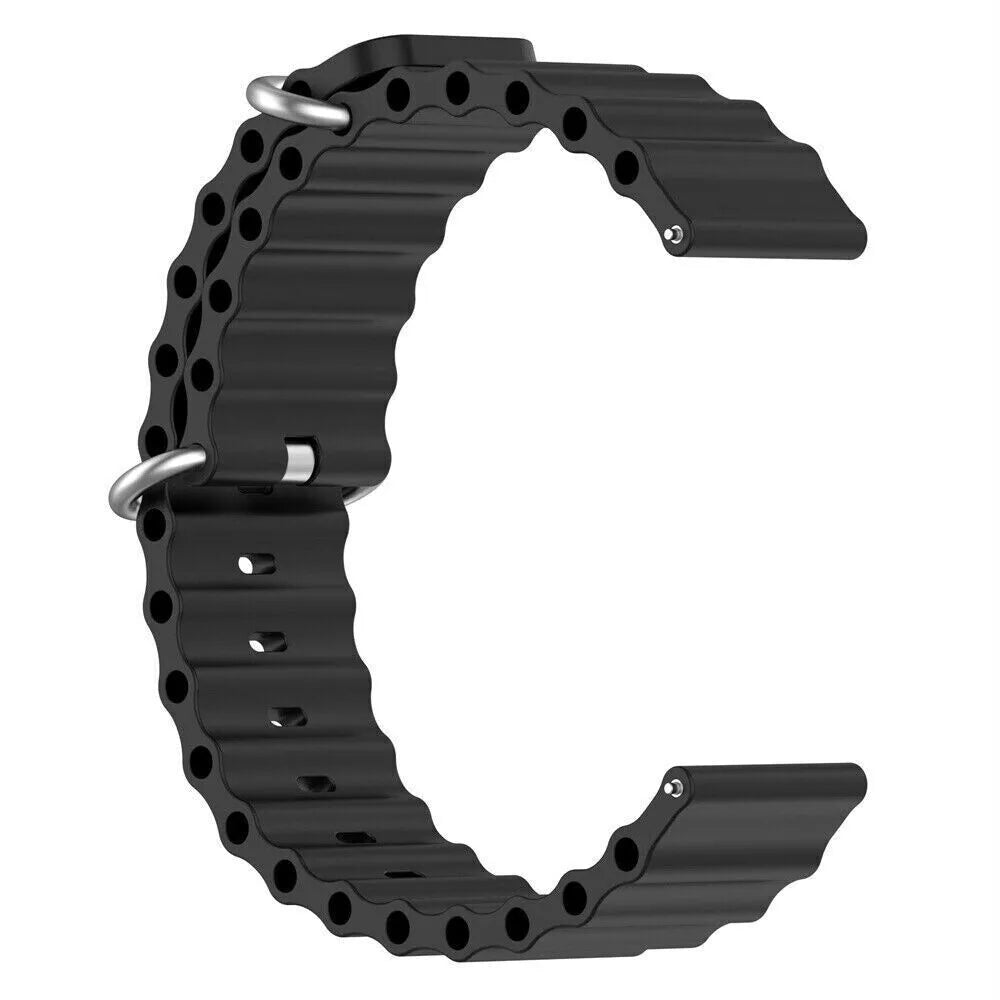 Schwarzes Armband in C-Form, aus flexiblem Material. Metallstifte verbinden die beiden Enden.