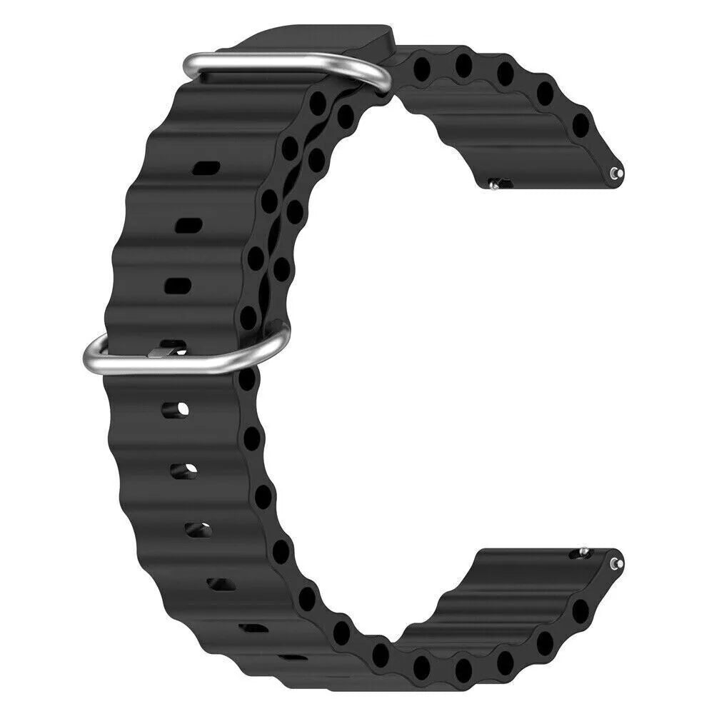 Ein schwarzes Uhrenarmband mit geriffeltem Design und einer Edelstahlschnalle wird vor weißem Hintergrund gezeigt.