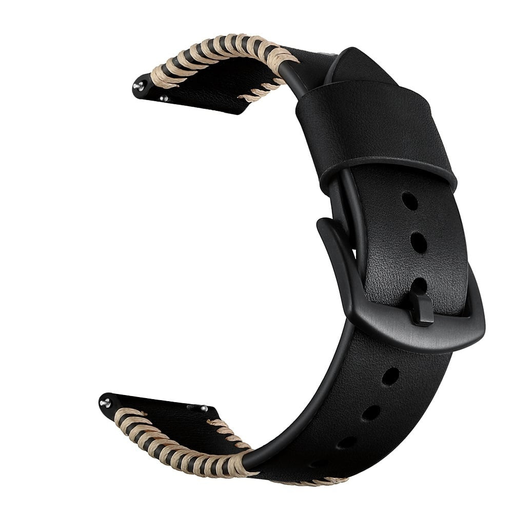 Ein schwarzes Lederarmband mit beigen Nähten und einer schwarzen Schnalle. Der Riemen ist vor einem weißen Hintergrund gebogen.