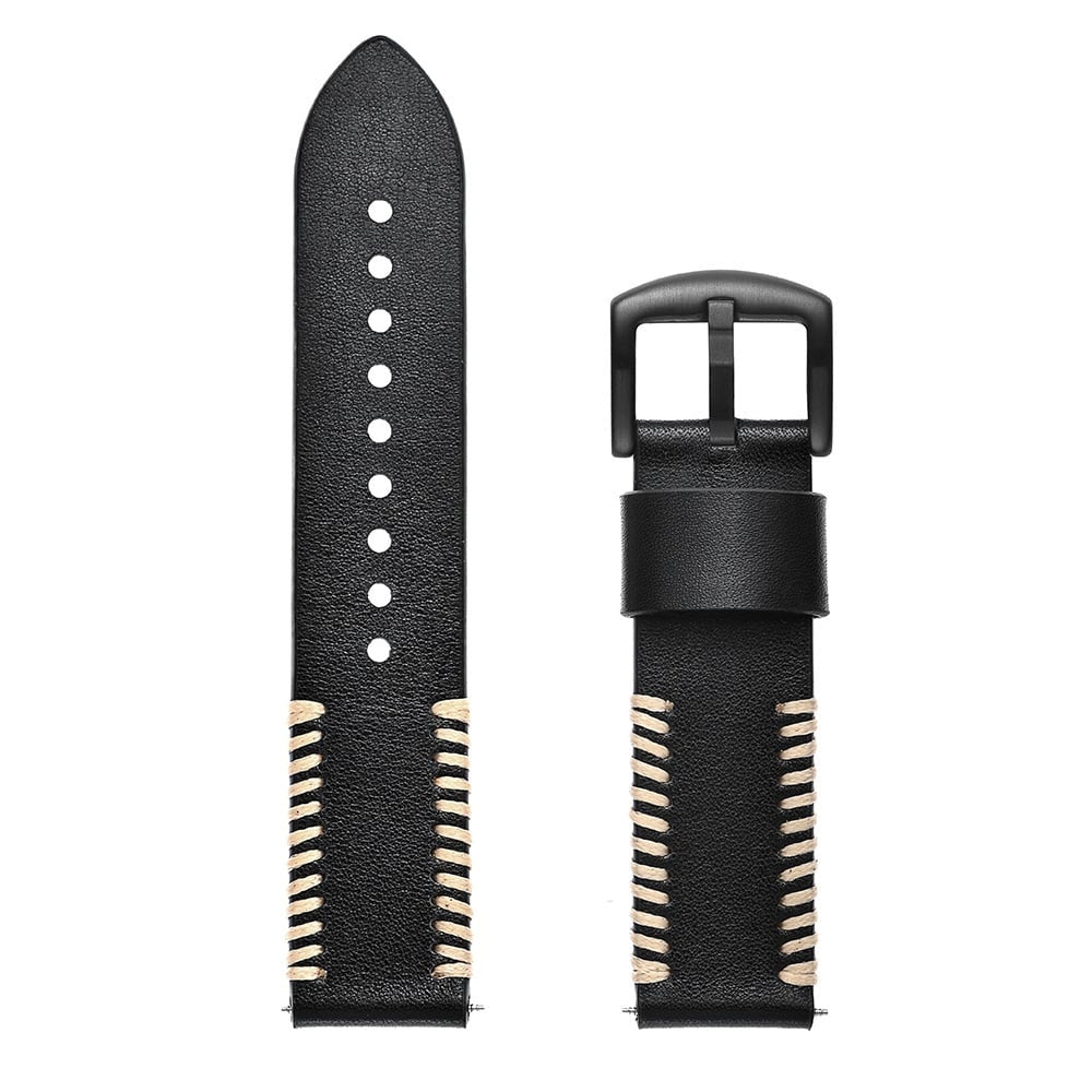 Schwarze Leder-Armbandteile. Eines hat Löcher für den Verschluss, das andere eine Schnalle. Beide haben cremefarbene Nähte.