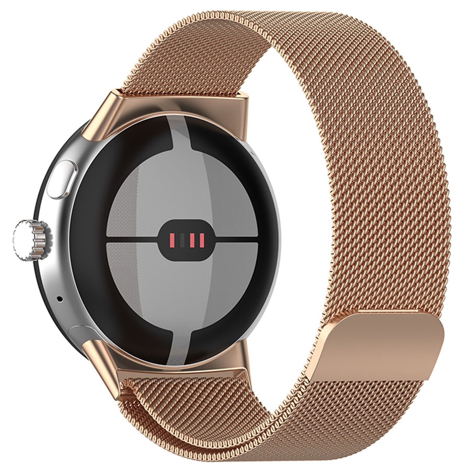 Eine runde, roségoldene Smartwatch mit Mesh-Armband. Das Zifferblatt hat ein schwarz-silbernes Design mit roten Akzenten.