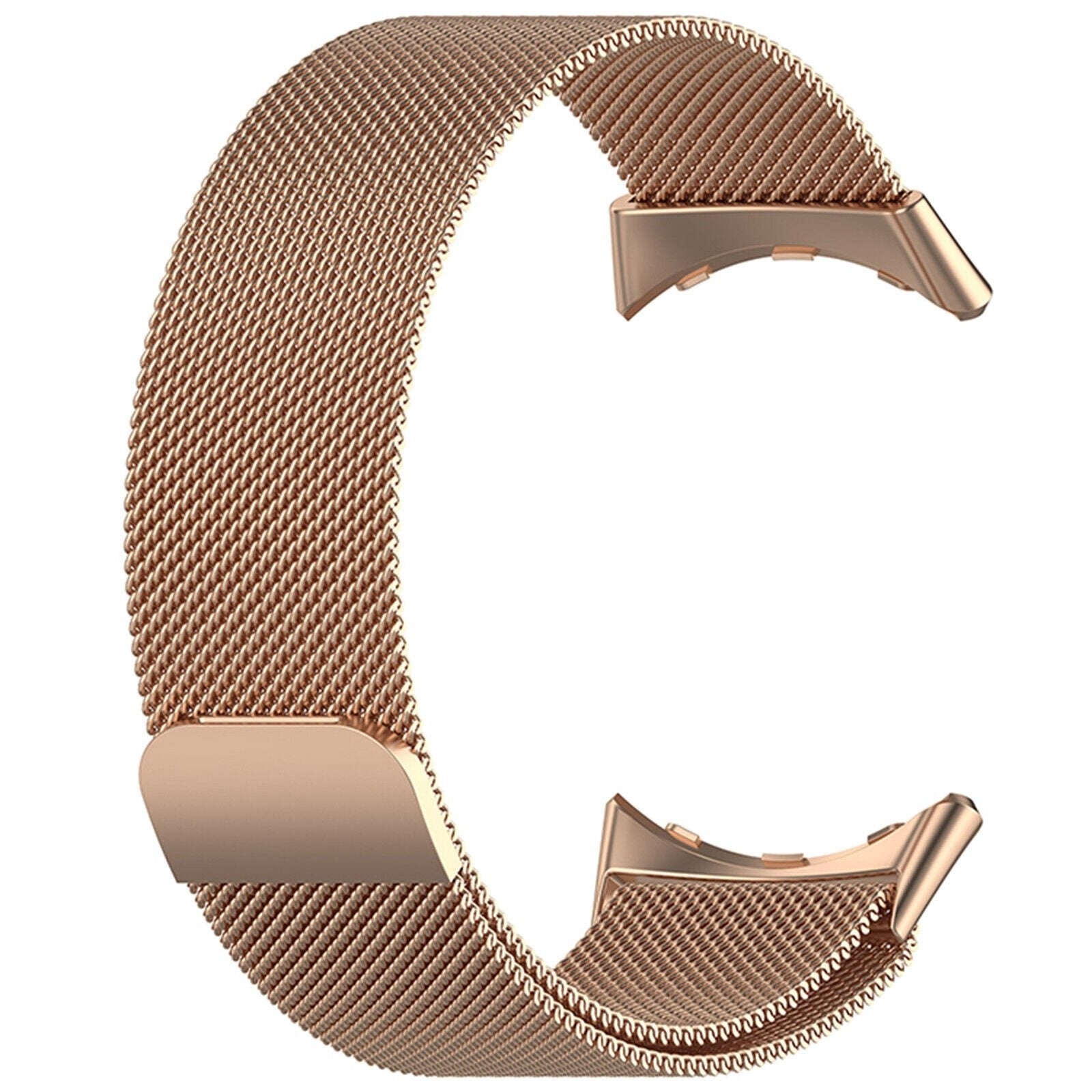 Roségoldenes Uhrenarmband aus gewebtem Metallgewebe. Beide Enden haben Verschlüsse zum Befestigen.