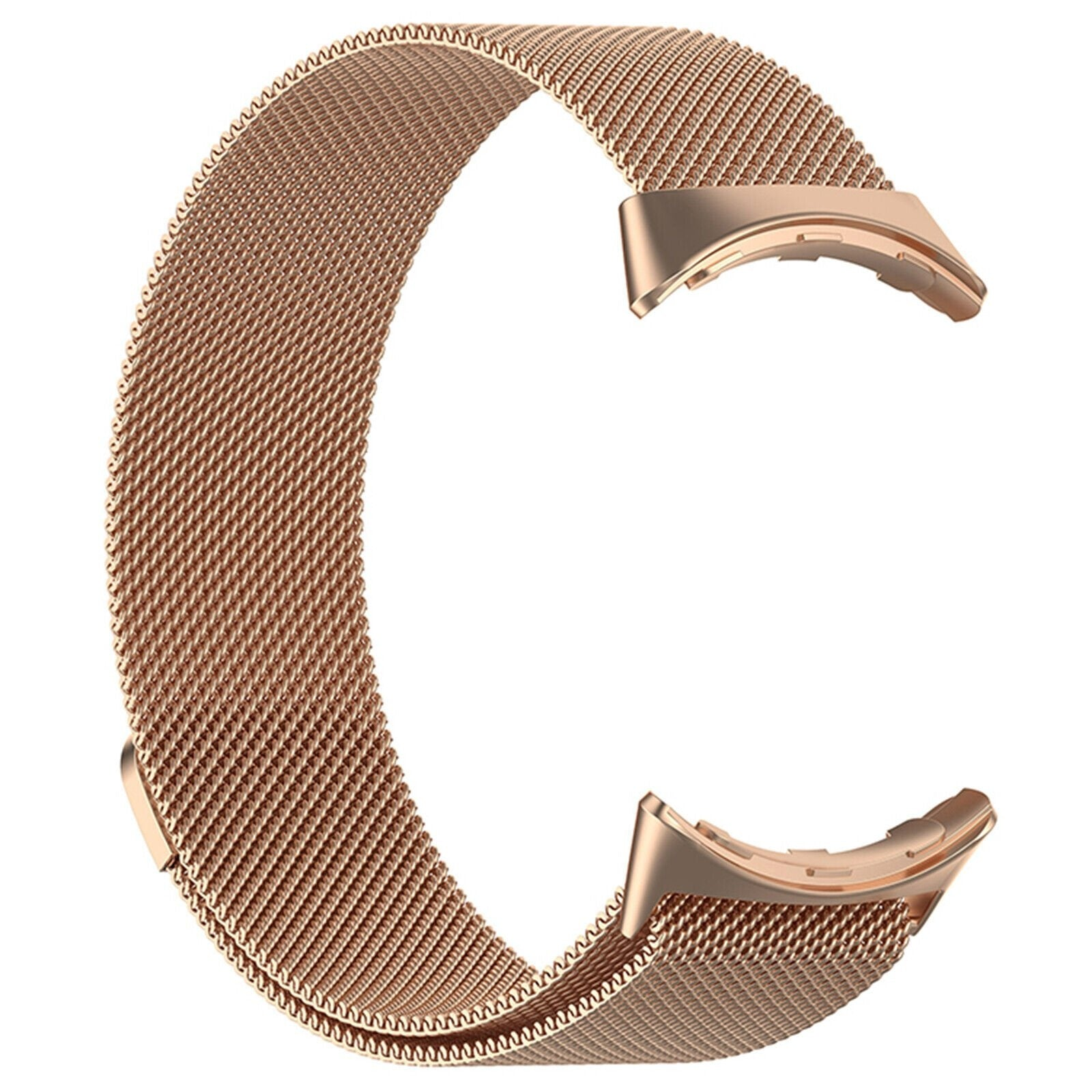 Roségoldfarbenes Uhrenarmband. Mesh-Design mit gebogenen Enden zur Befestigung. Weißer Hintergrund.