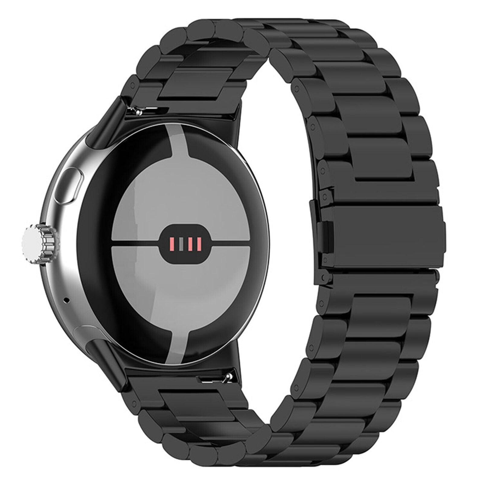 Eine schwarze Smartwatch mit Metallarmband. Das Zifferblatt ist grau mit roten Anzeigen, und das Armband ist seitlich verbunden.