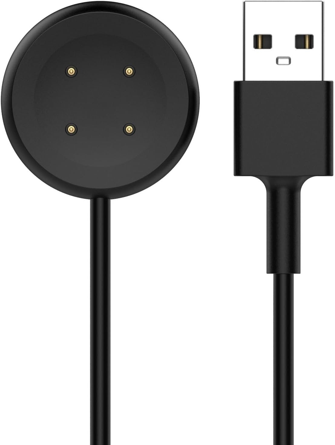 Schwarzes kreisförmiges Smartwatch-Ladegerät mit vier goldfarbenen Kontaktpunkten und einem USB-Kabel. Weißer Hintergrund.