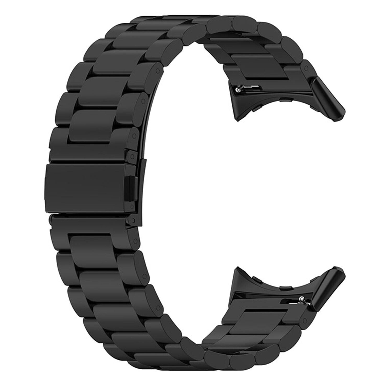 Schwarzes Metall-Uhrenarmband. Das Armband ist gebogen, besteht aus rechteckigen Gliedern und wird mit einem Verschluss verbunden. Zwei Enden haben Anschlüsse.