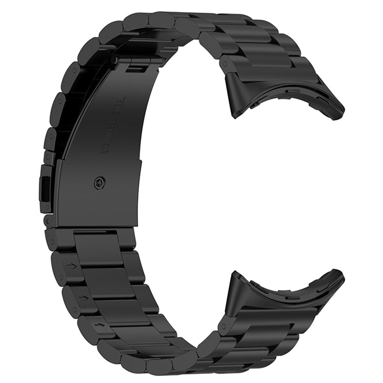 Ein schwarzes Edelstahl-Uhrenarmband wird gezeigt. Das Armband ist gebogen, mit mehreren Gliedern und einem Verschluss.