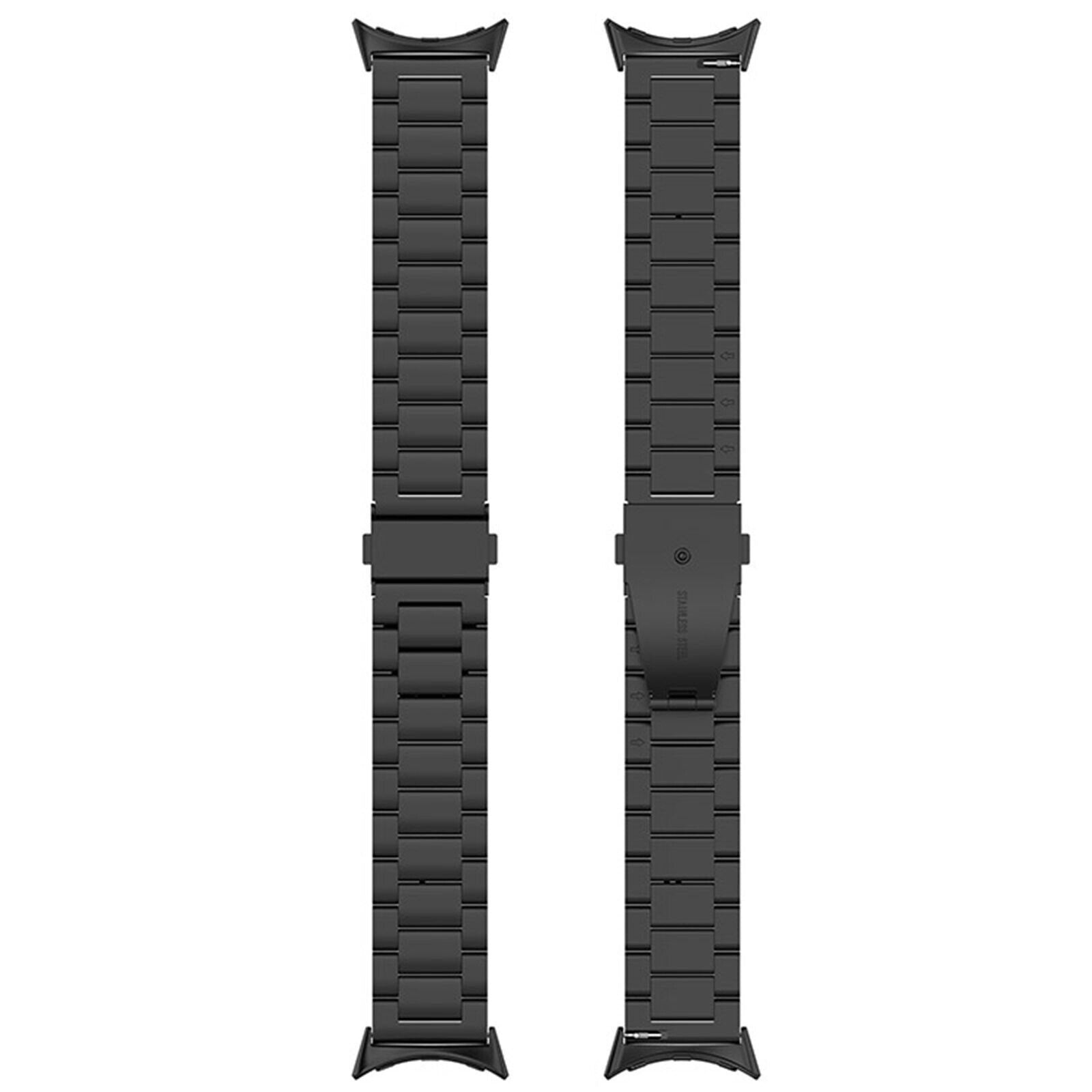 Zwei schwarze Edelstahl-Uhrenarmbänder nebeneinander. Jedes hat eine Reihe rechteckiger Glieder und einen Verschluss.