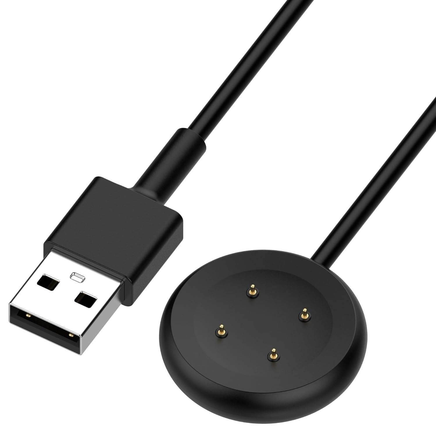 Ein schwarzes USB-Ladekabel mit einem USB-Anschluss und einer runden Ladebasis mit 4 Pins, alles auf weißem Hintergrund.
