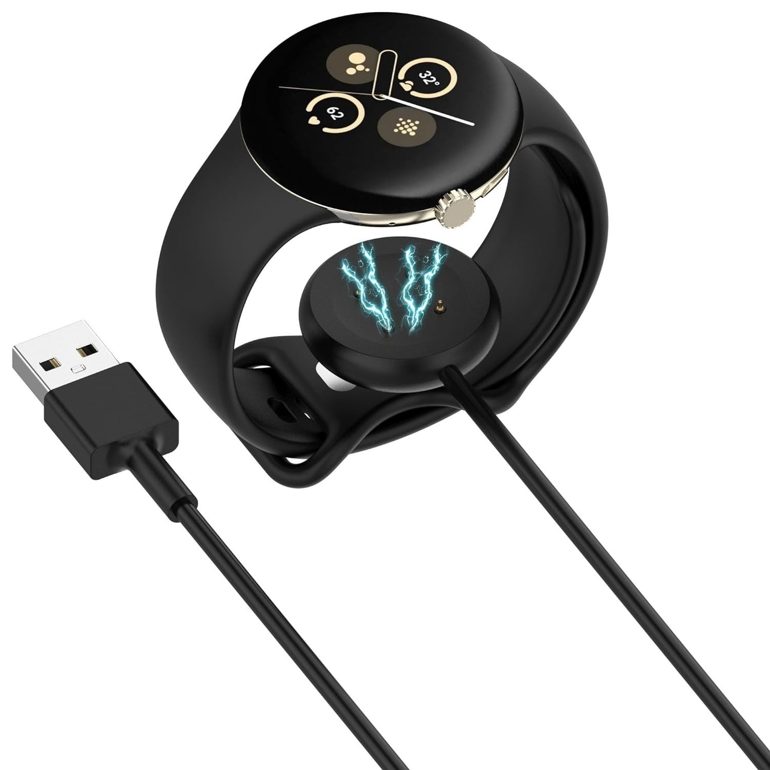 Schwarze Smartwatch mit Ladestation und USB-Kabel. Die Uhr zeigt Temperatur und andere Daten an. Blitz auf der Dockingstation.