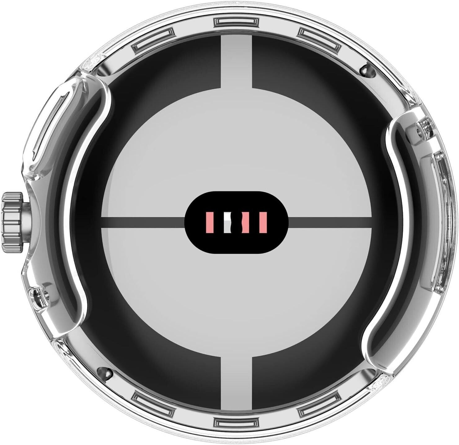 Nahaufnahme eines Smartwatch-Zifferblatts. Es hat eine silberne Lünette mit transparentem Gehäuse. Der Bildschirm zeigt ein Fadenkreuz-Design mit rosa und weißen Balken.