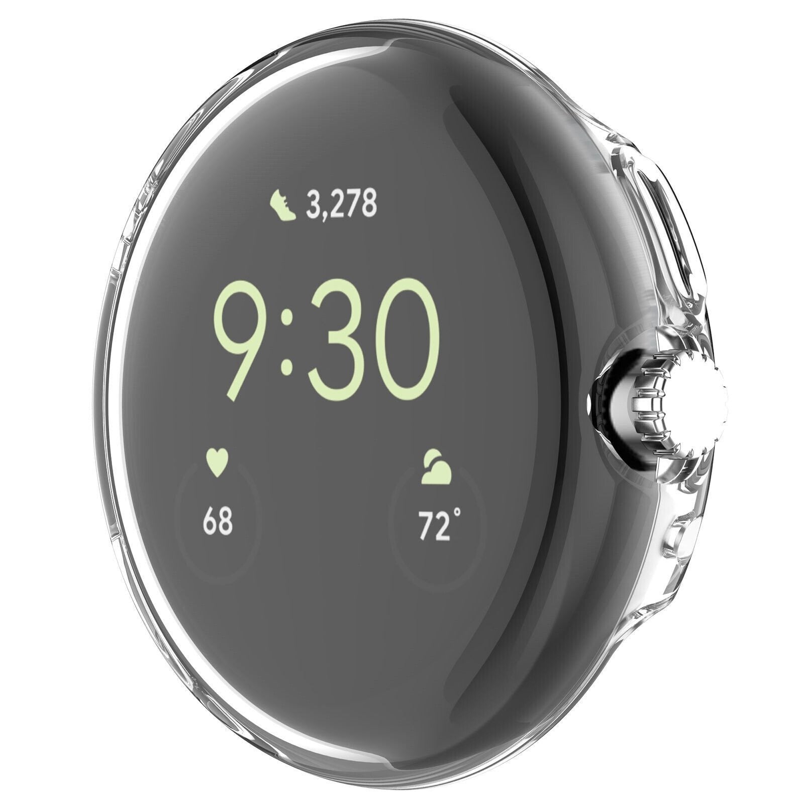 Eine Smartwatch zeigt 9:30 Uhr, 3.278 Schritte, 68 bpm und 72 Grad. Sie ist in klarem Kunststoff verpackt.