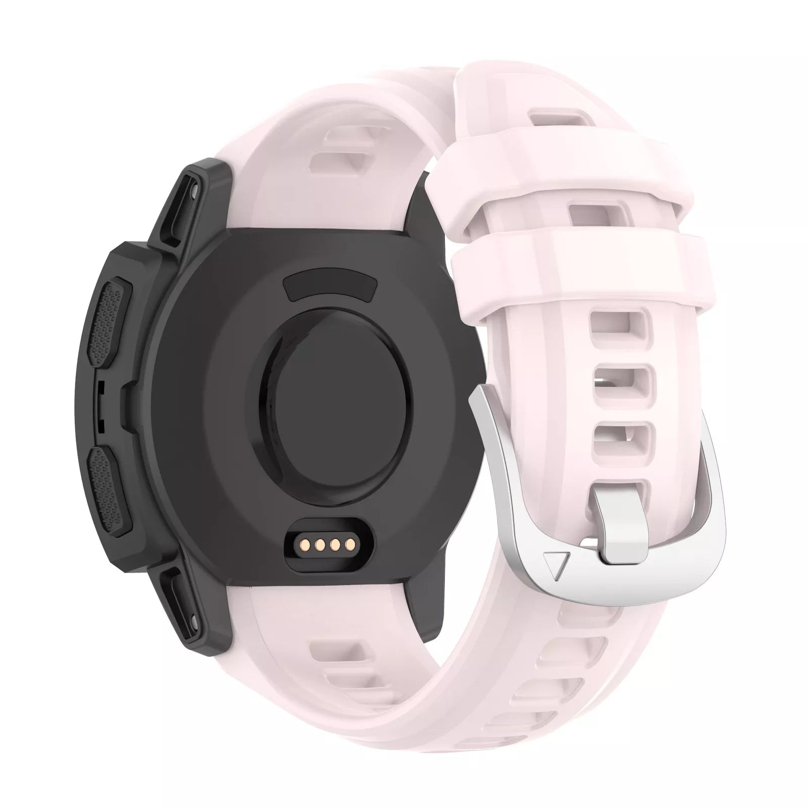 Nahaufnahme einer Smartwatch. Schwarzes Gehäuse mit rosa Armband. Silberne Schließe. Vier goldene Ladepunkte sind sichtbar.