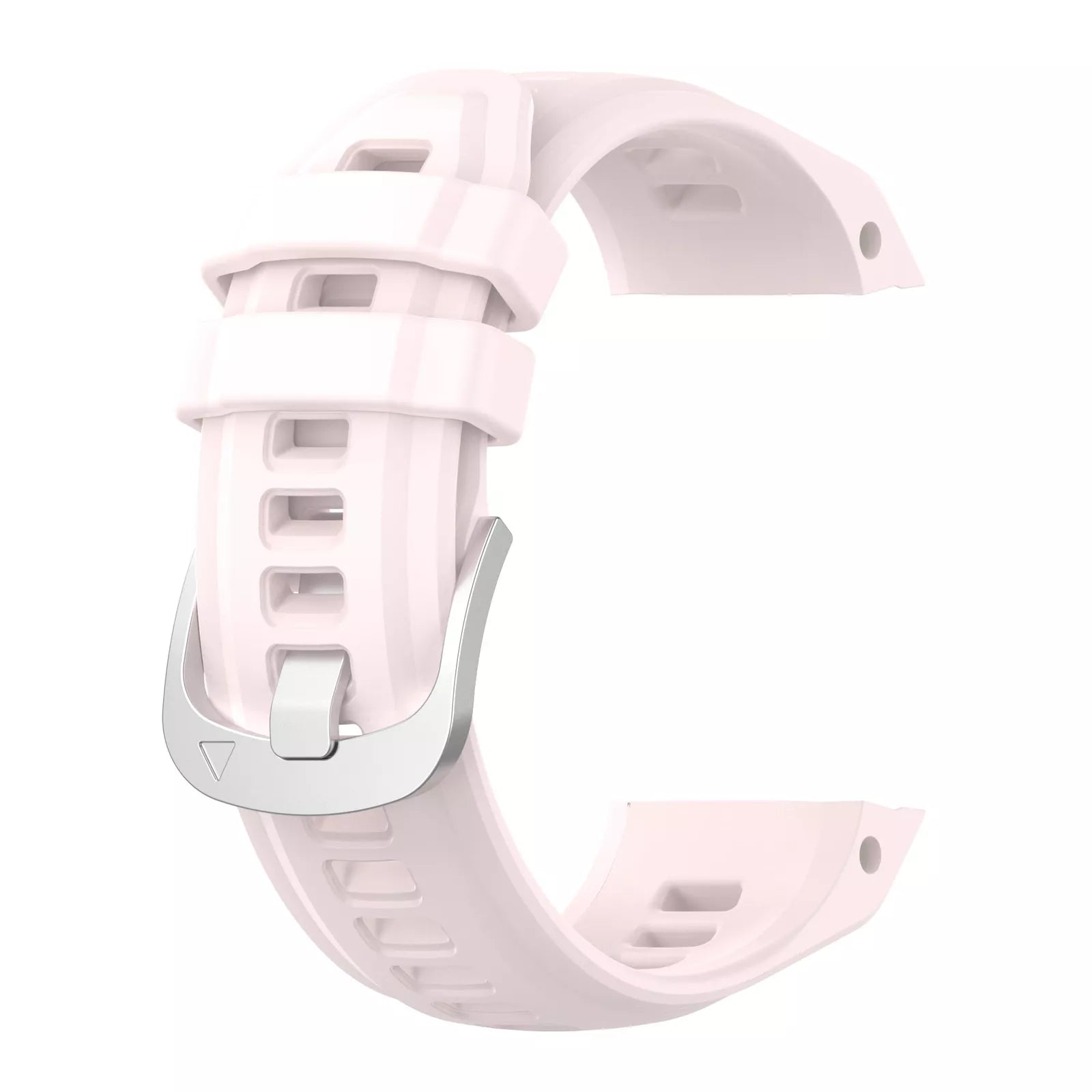 Ein hellrosa Armband für eine Smartwatch mit silberner Schnalle. Das Armband ist gebogen und zeigt den Verschluss und das Band.