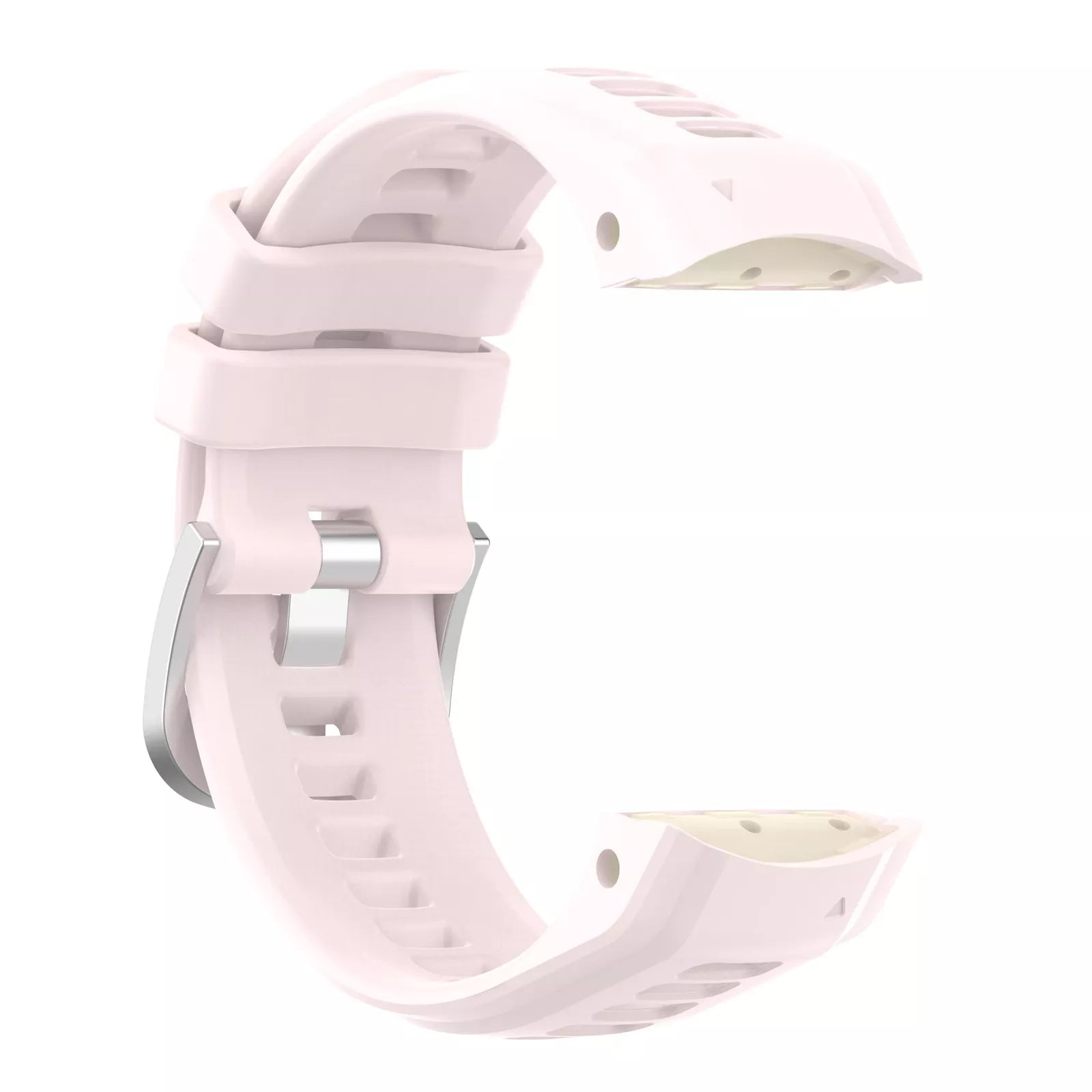 Ein hellrosa Uhrenarmband wird gezeigt. Es hat einen silbernen Verschluss und ist gebogen. Der Hintergrund ist weiß.