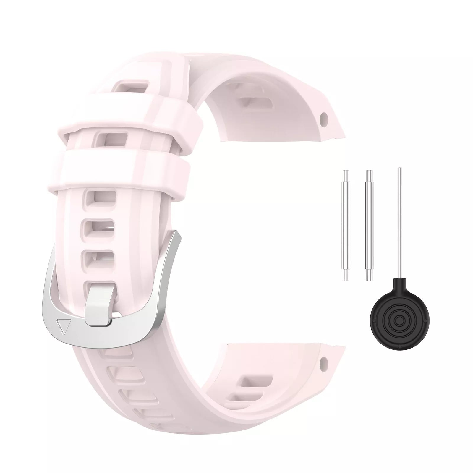 Hellrosa Uhrenarmband mit silberner Schnalle, zwei Metallstiften und einem schwarzen Werkzeug, alles auf weißem Hintergrund.