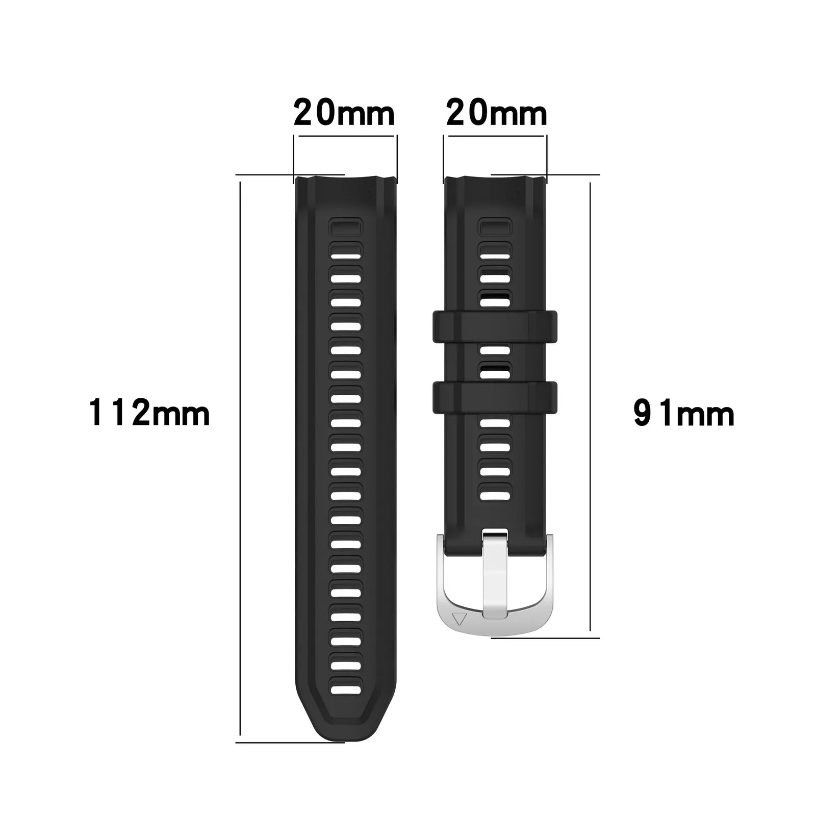 Schwarze Uhrenarmbänder mit Maßen: 112 mm, 91 mm, 20 mm. Ein Armband hat eine Schnalle.