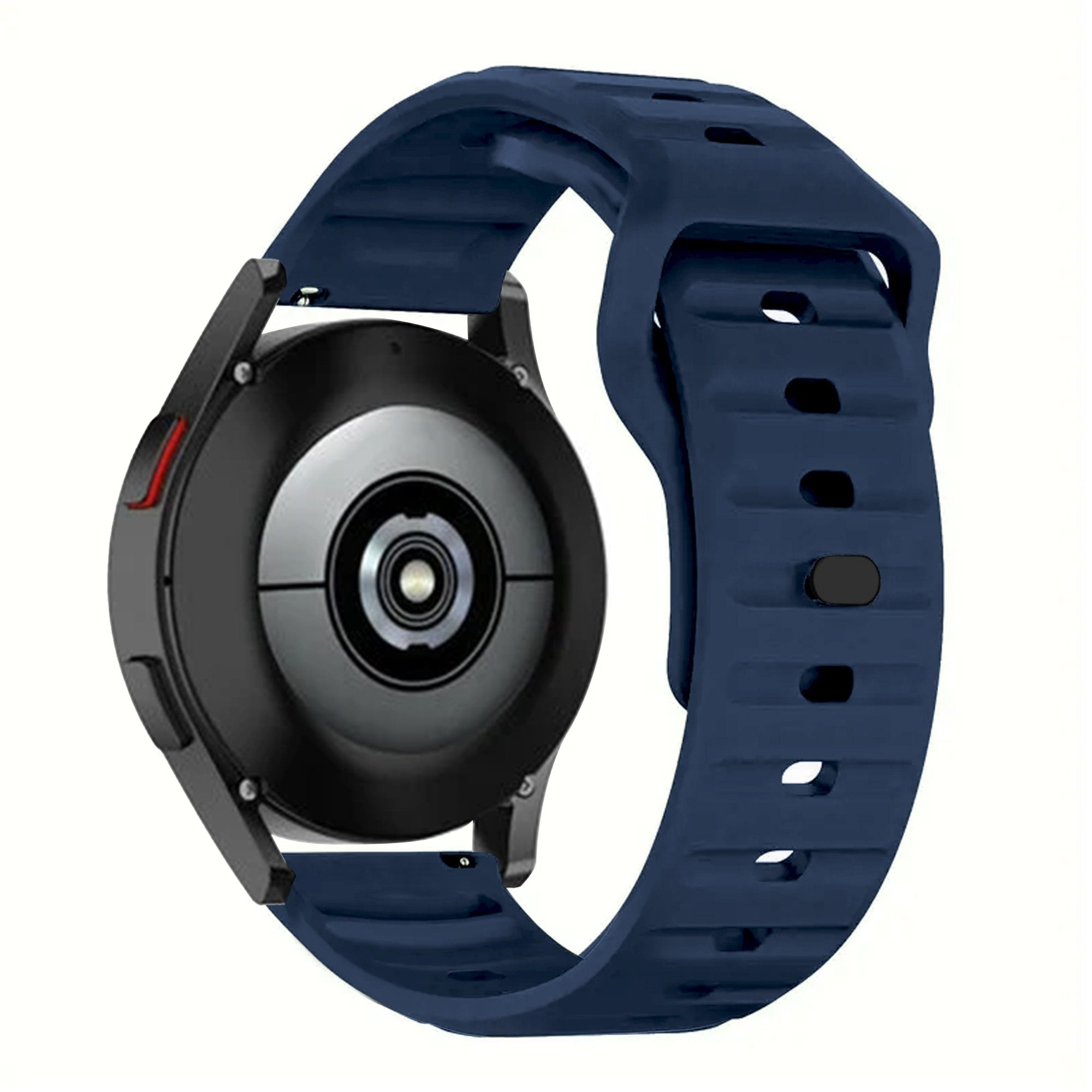 Eine marineblaue Smartwatch mit passendem Armband wird vor weißem Hintergrund gezeigt. Die Rückseite der Uhr ist sichtbar.