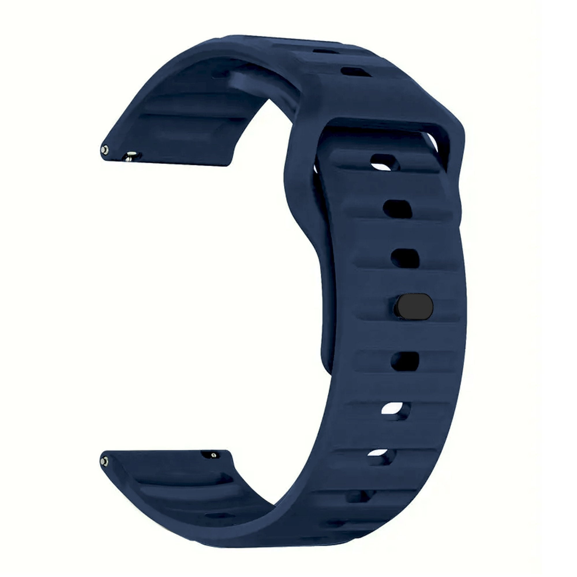 Ein marineblaues Uhrenarmband vor weißem Hintergrund. Es ist gebogen und hat eine strukturierte Oberfläche mit Löchern.