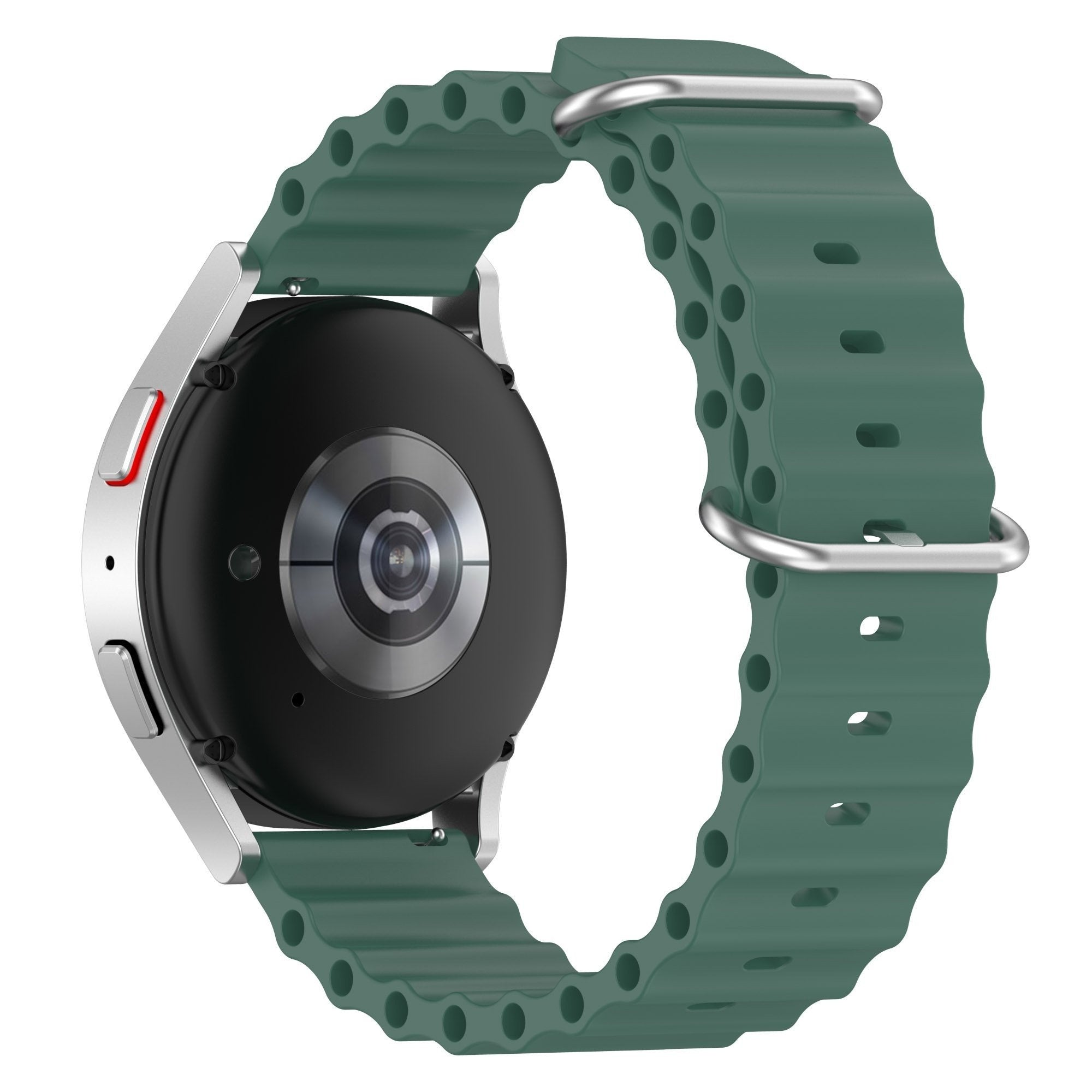 Eine Smartwatch mit grünem Silikonarmband. Die Uhr hat ein silbernes Gehäuse und die Rückseite ist schwarz.