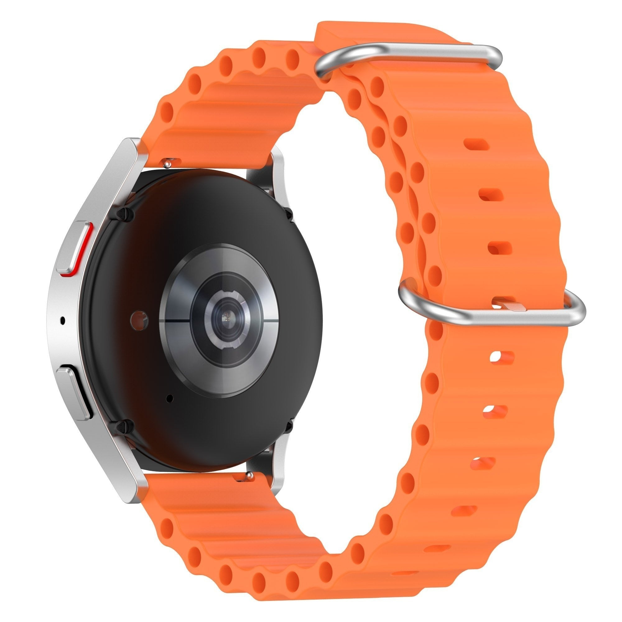 Eine silberne Smartwatch mit einem orangefarbenen, strukturierten Armband. Das Zifferblatt ist schwarz und das Armband wird mit einer silbernen Schließe befestigt.
