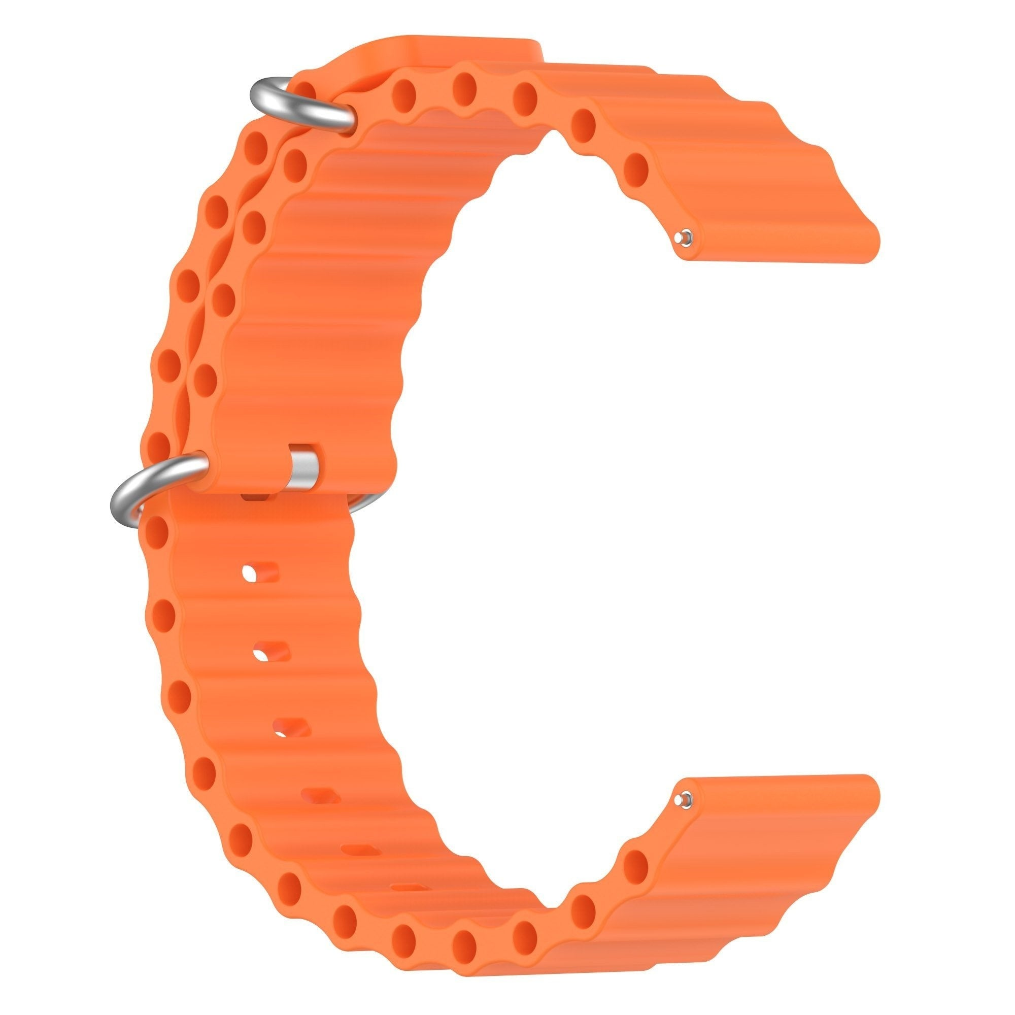 Ein orangefarbenes Uhrenarmband mit welligen Kanten und Löchern. Es hat zwei silberne Metallverschlüsse. Der Hintergrund ist weiß.