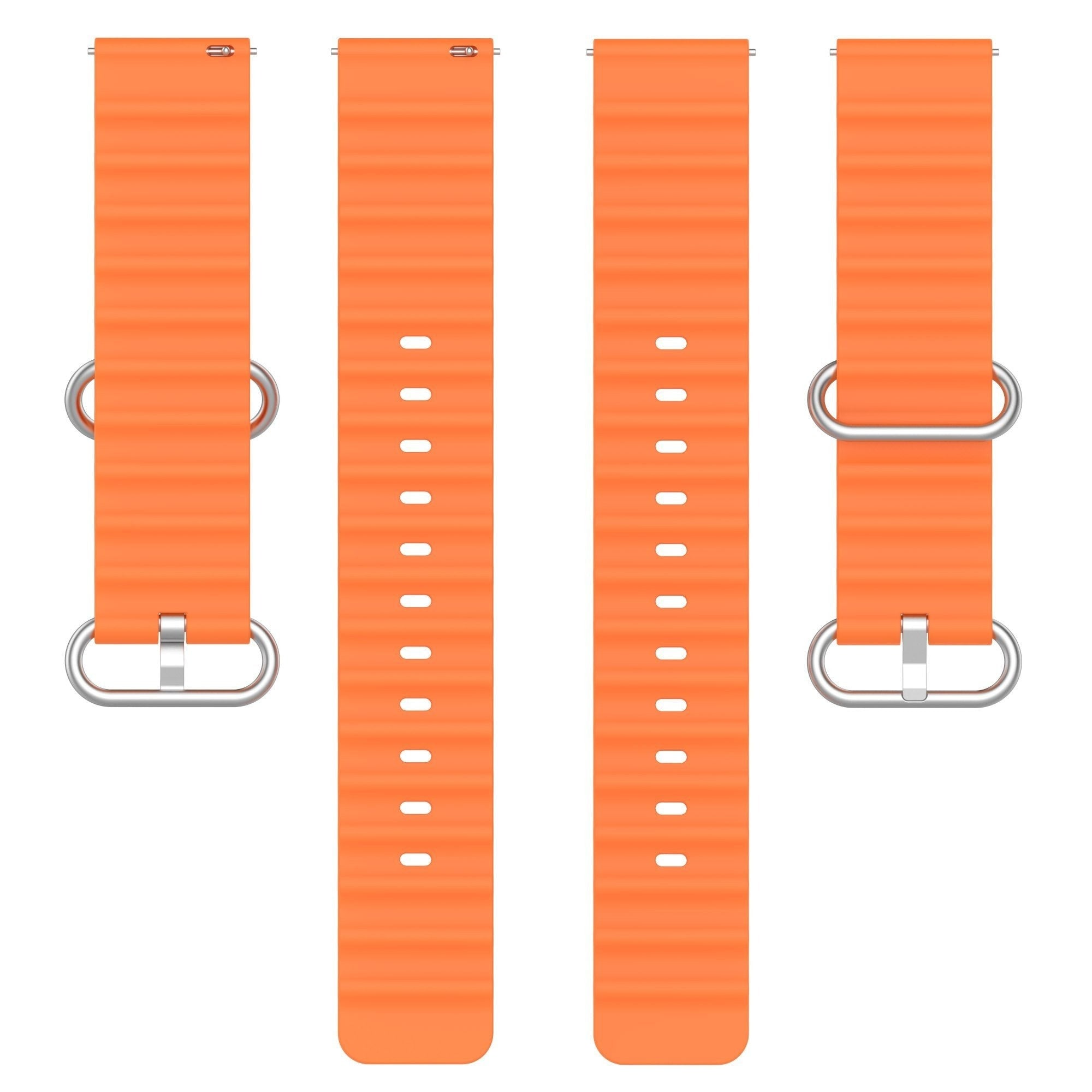 Vier orangefarbene Uhrenarmbänder mit silbernen Schnallen. Die Armbänder sind gerippt und haben mehrere Löcher zur Anpassung.