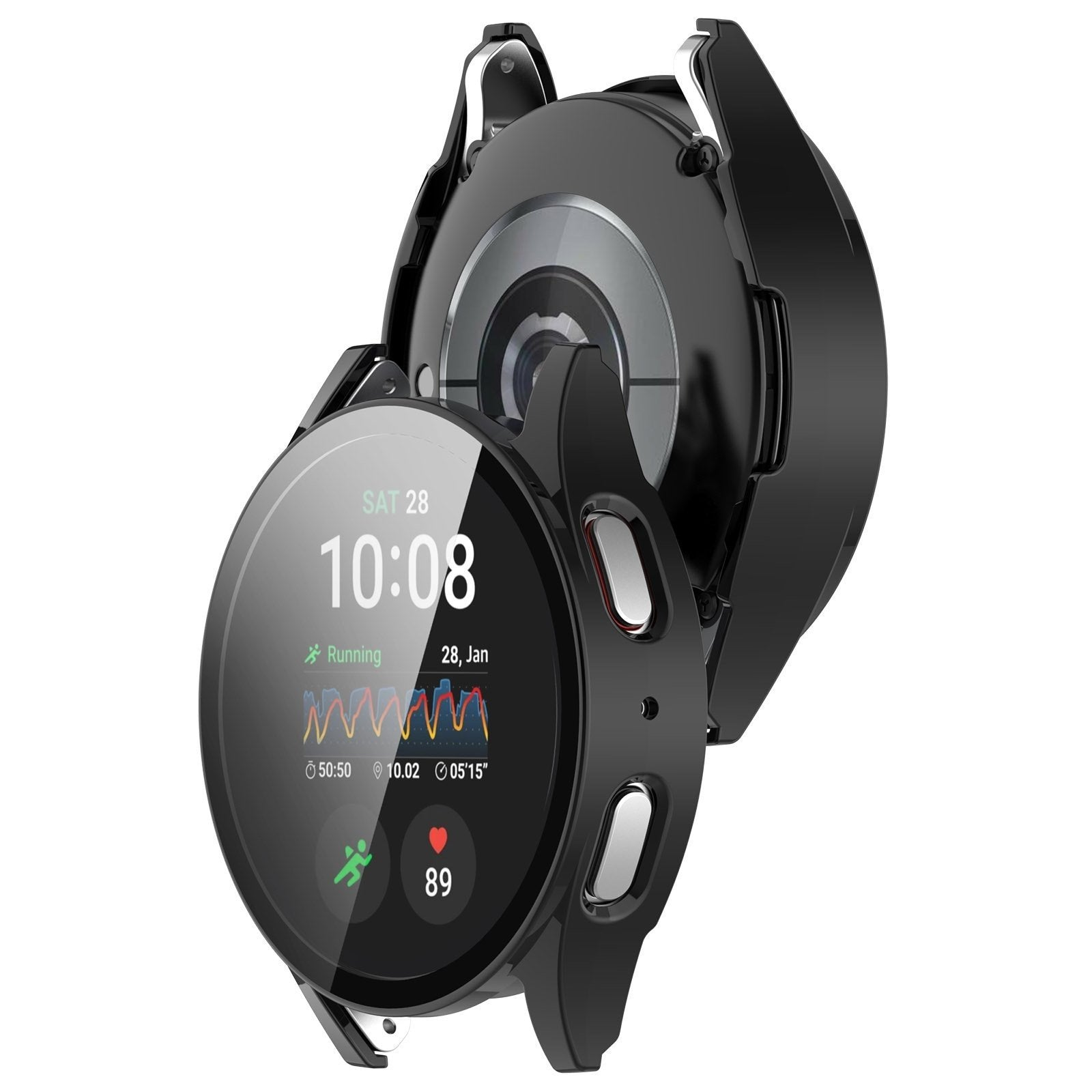 Schwarze Smartwatch mit Schutzhülle, zeigt Zeit und Gesundheitsmetriken an. Der Bildschirm zeigt Datum, Uhrzeit und eine Laufaktivität.