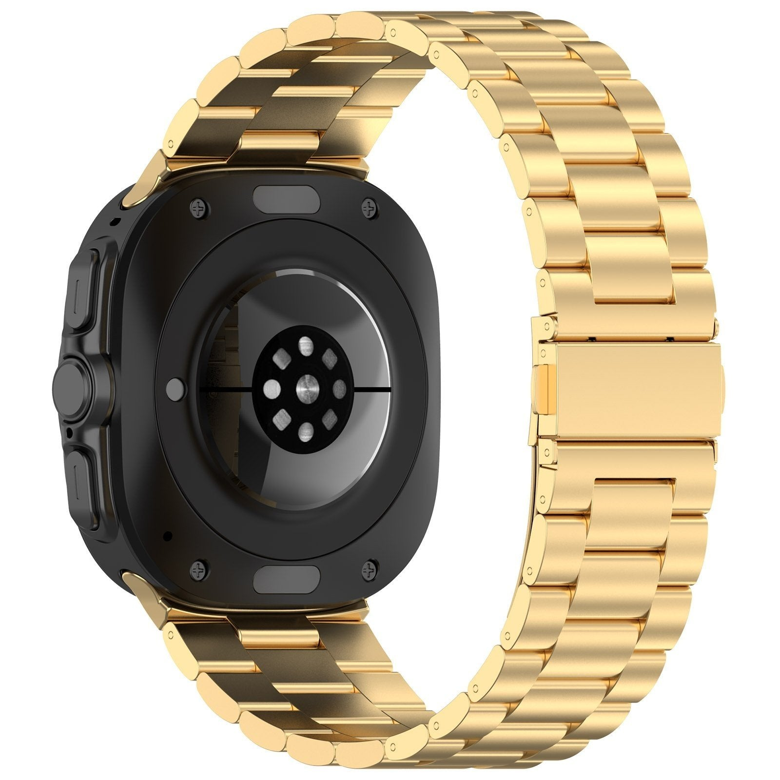 Eine schwarze Smartwatch mit goldenem Metallband. Das Band umschließt die Uhr und zeigt das Design.