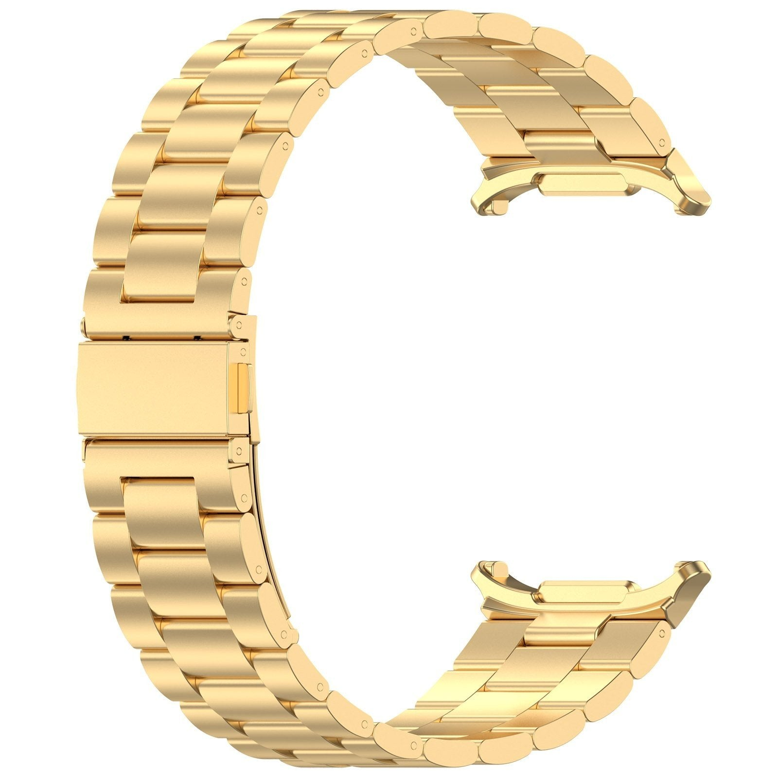 Ein goldfarbenes Metall-Armband ist auf weißem Hintergrund gebogen. Es besteht aus verbundenen rechteckigen Gliedern mit einem Verschluss.
