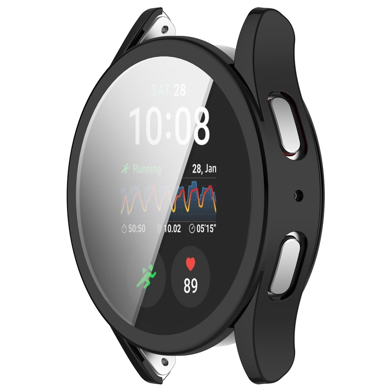 Smartwatch zeigt Zeit, Datum und Laufdaten an. Herzfrequenz ist 89. Die Uhr ist schwarz und silberfarben. Sie befindet sich auf weißem Hintergrund.