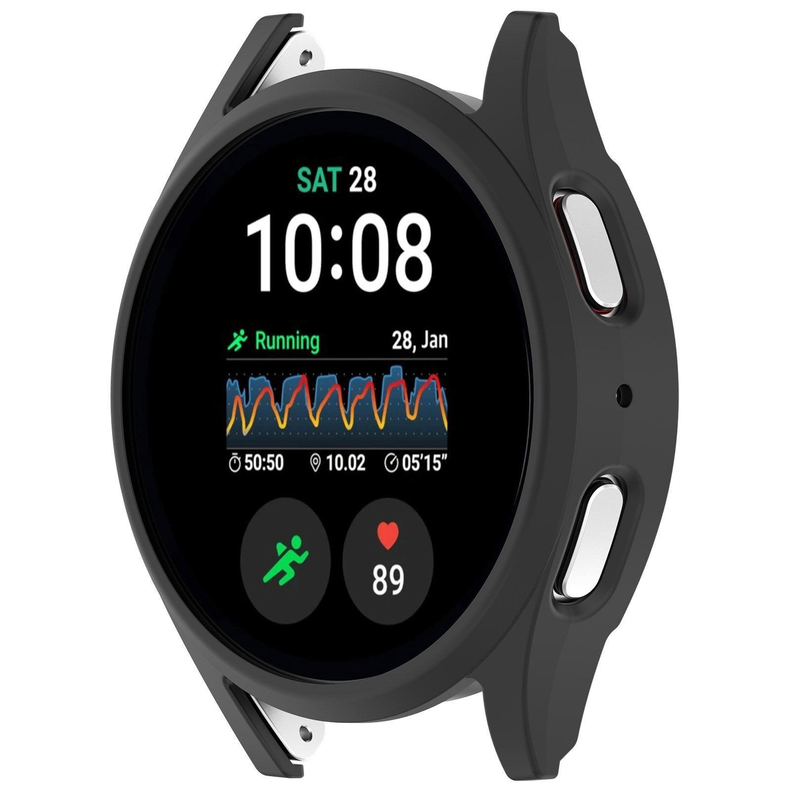 Eine schwarze Smartwatch zeigt Zeit, Laufdaten und eine Herzfrequenz von 89 an. Das Datum ist Samstag, 28. Januar.