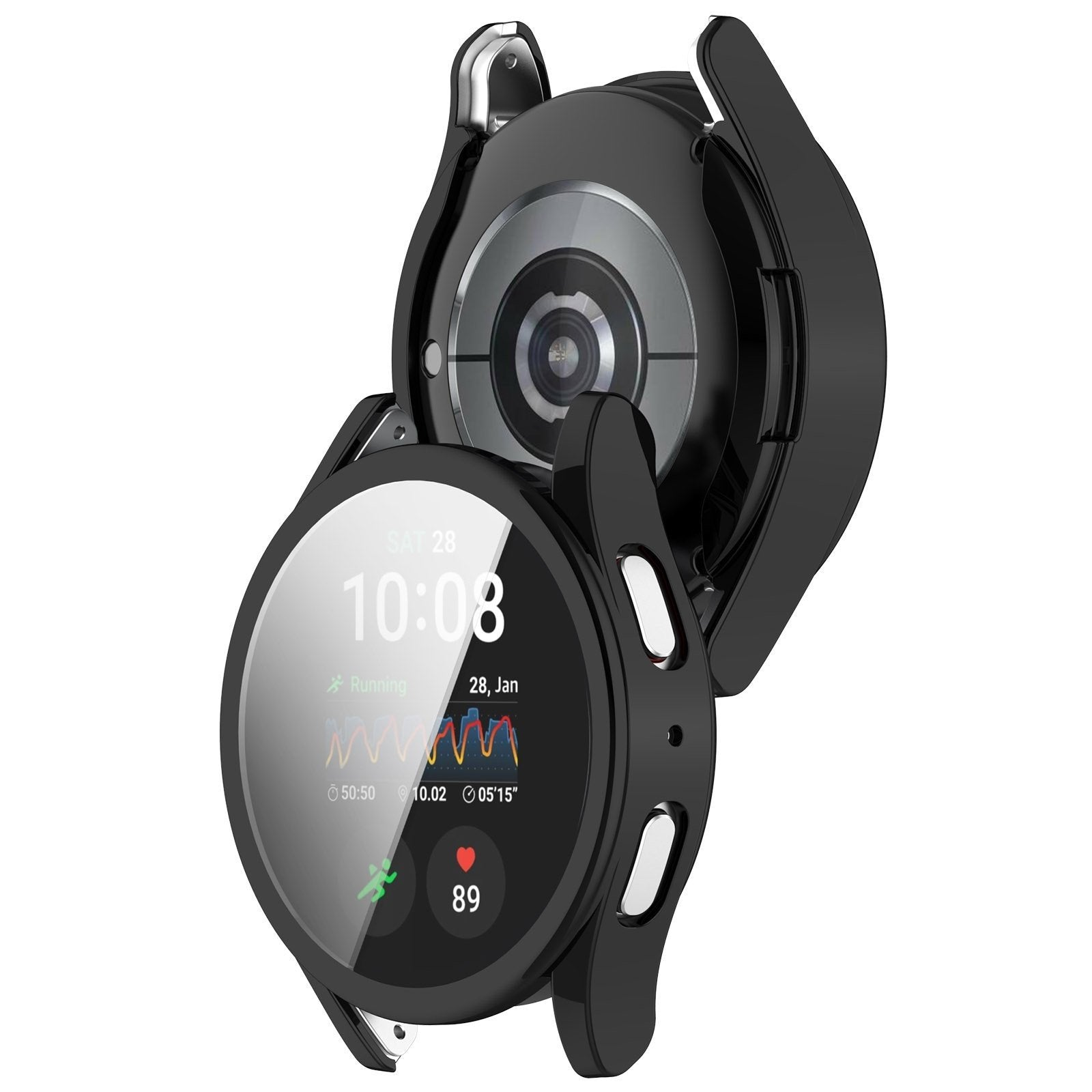 Schwarze Smartwatch mit Schutzhülle. Der Bildschirm zeigt Zeit, Datum und Laufdaten an. Der Hintergrund ist weiß.