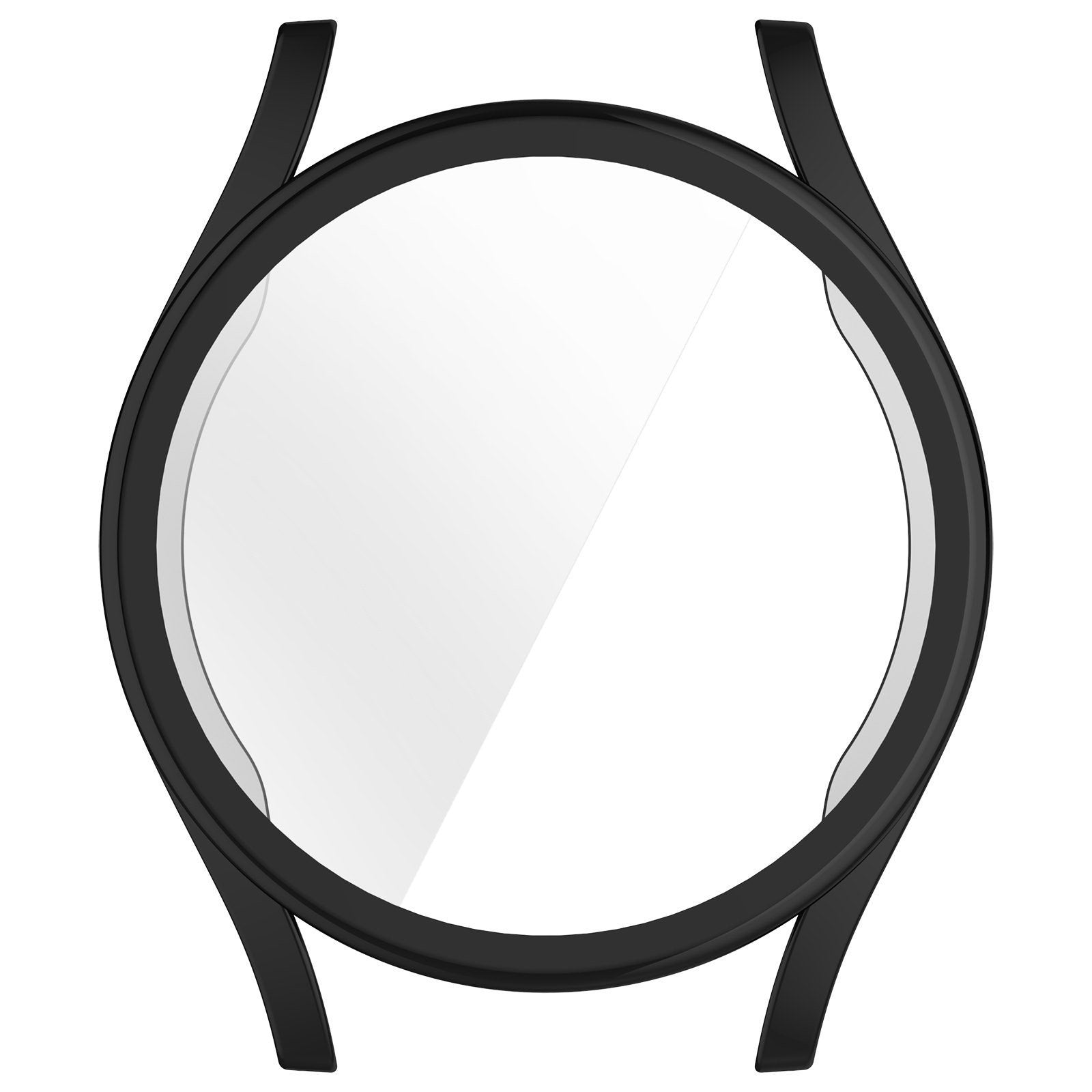 Eine schwarze Lünette mit einem kreisförmigen Glasbildschirm. Die Lünette hat vier gebogene Verlängerungen.
