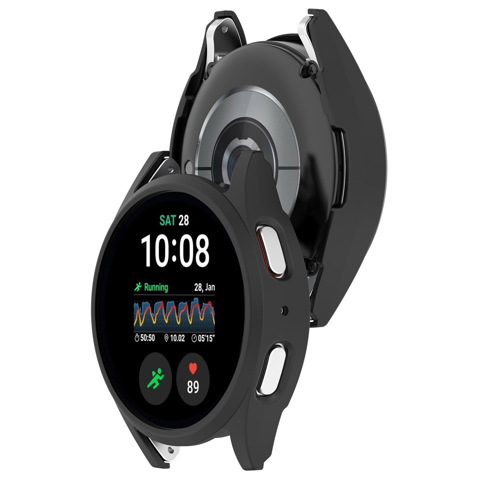 Schwarze Smartwatch mit Laufdaten auf dem Bildschirm, umhüllt von einer Schutzhülle. Die Uhr zeigt Zeit, Datum und Laufmetriken an.