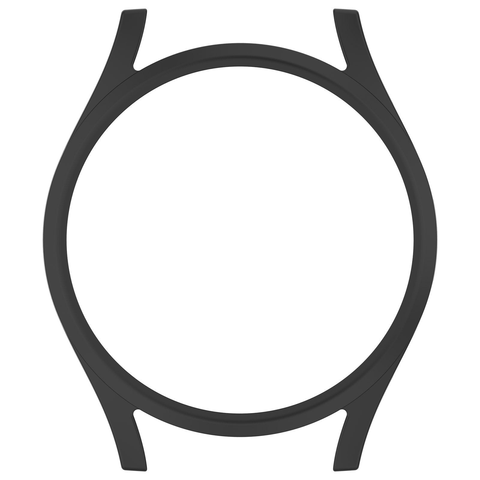 Eine schwarze Lünette mit abgerundeter Ober- und Unterseite und verlängerten Bandanstößen. Ein kreisförmiger Hohlraum in der Mitte.