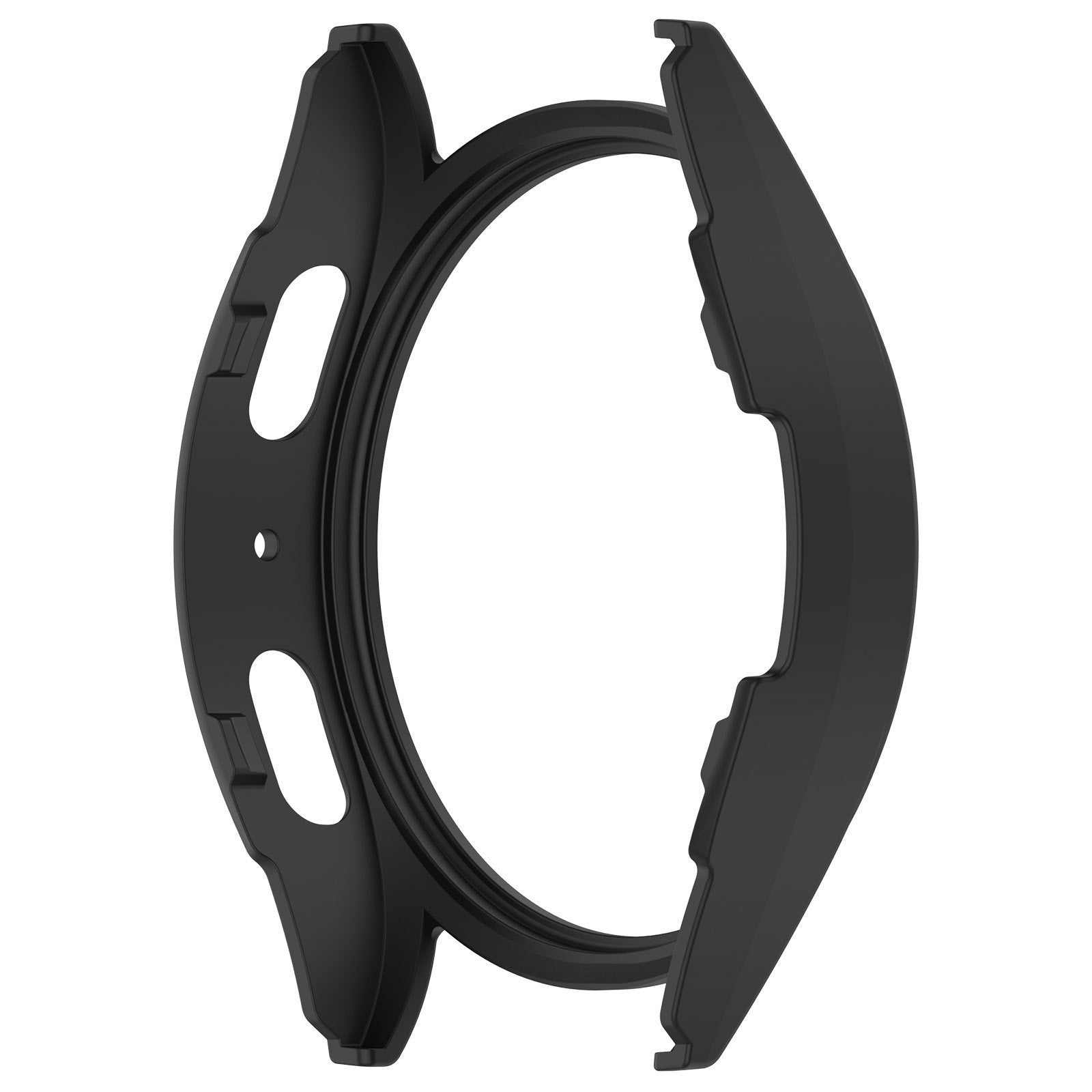 Ein schwarzes Uhrengehäuse mit offenem Design, das die Lünette der Uhr zeigt. Das Gehäuse hat einen Schutzrahmen und offene Schlitze.