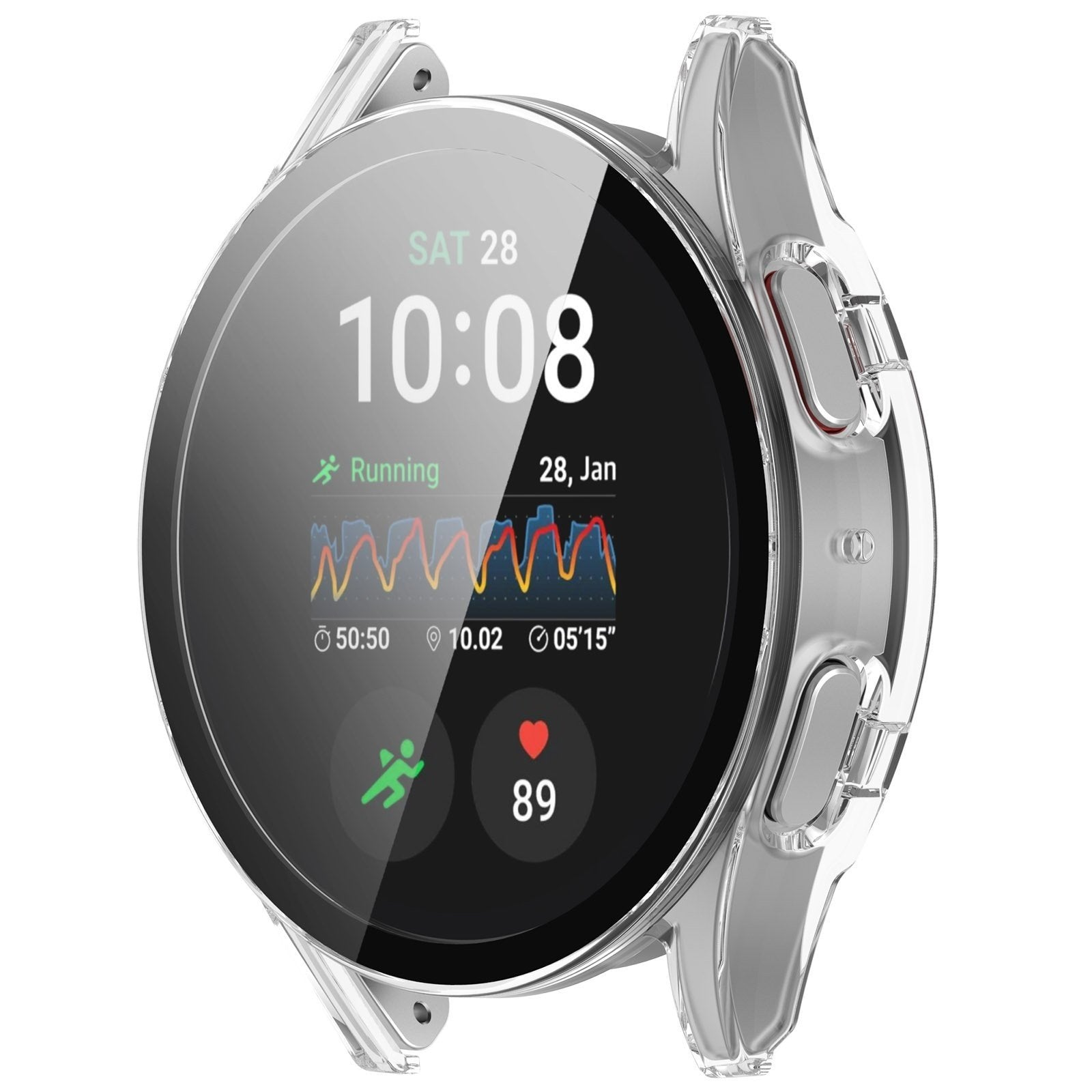 Smartwatch mit Uhrzeit, Datum und Laufmetriken. Sie ist in einem transparenten Schutzgehäuse untergebracht, mit Herzfrequenzdaten.