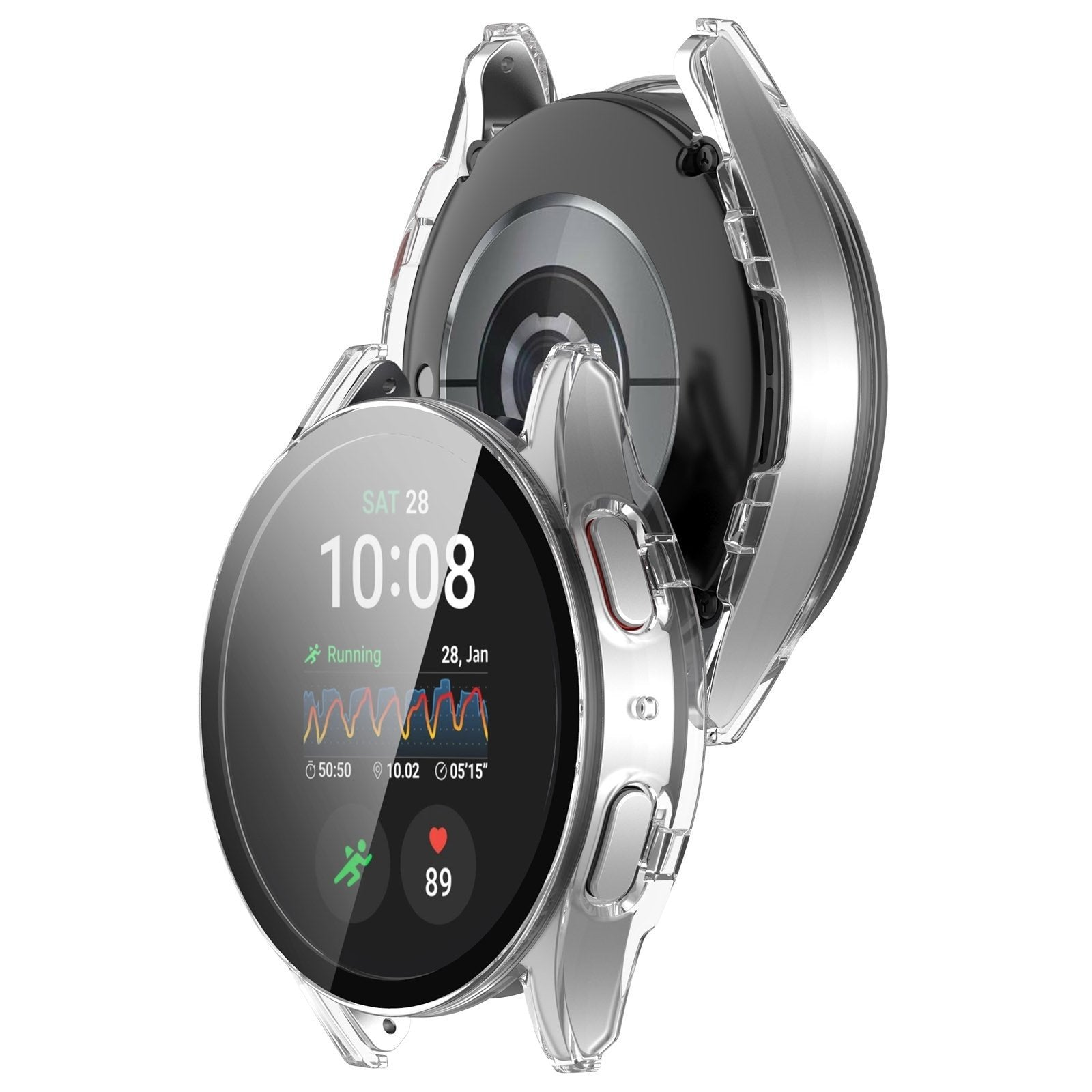 Eine Smartwatch mit durchsichtiger Schutzhülle. Das Zifferblatt zeigt Zeit, Datum und Laufmetriken an. Das Gehäuse ist transparent.
