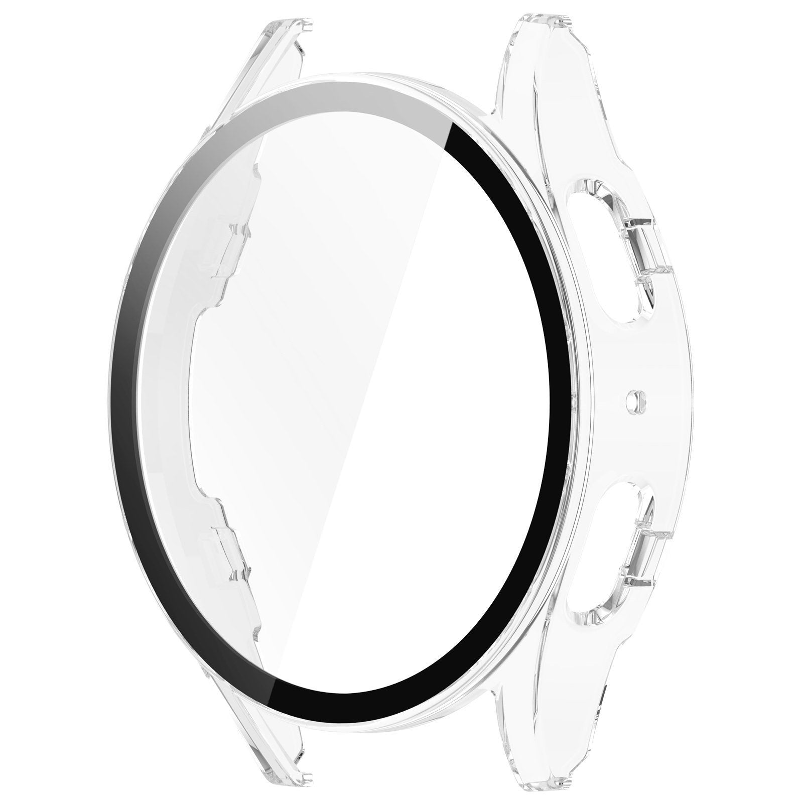 Eine transparente Schutzhülle für die Uhr. Sie hat einen transparenten Rahmen mit schwarzem Rand und eine klare Front.