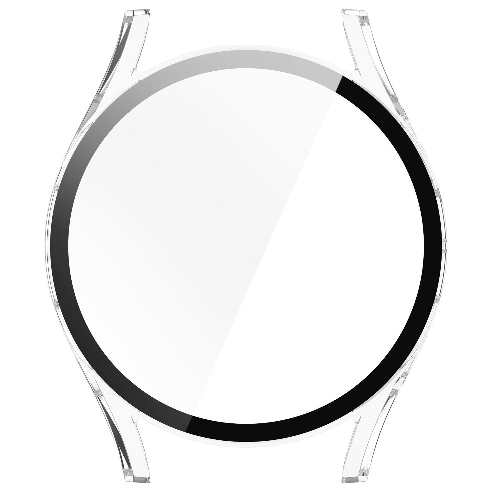 Ein transparentes Uhrengehäuse mit schwarzer Lünette. Das Gehäuse hat ein klares, kreisförmiges Zifferblatt und Stege zur Befestigung des Armbands.
