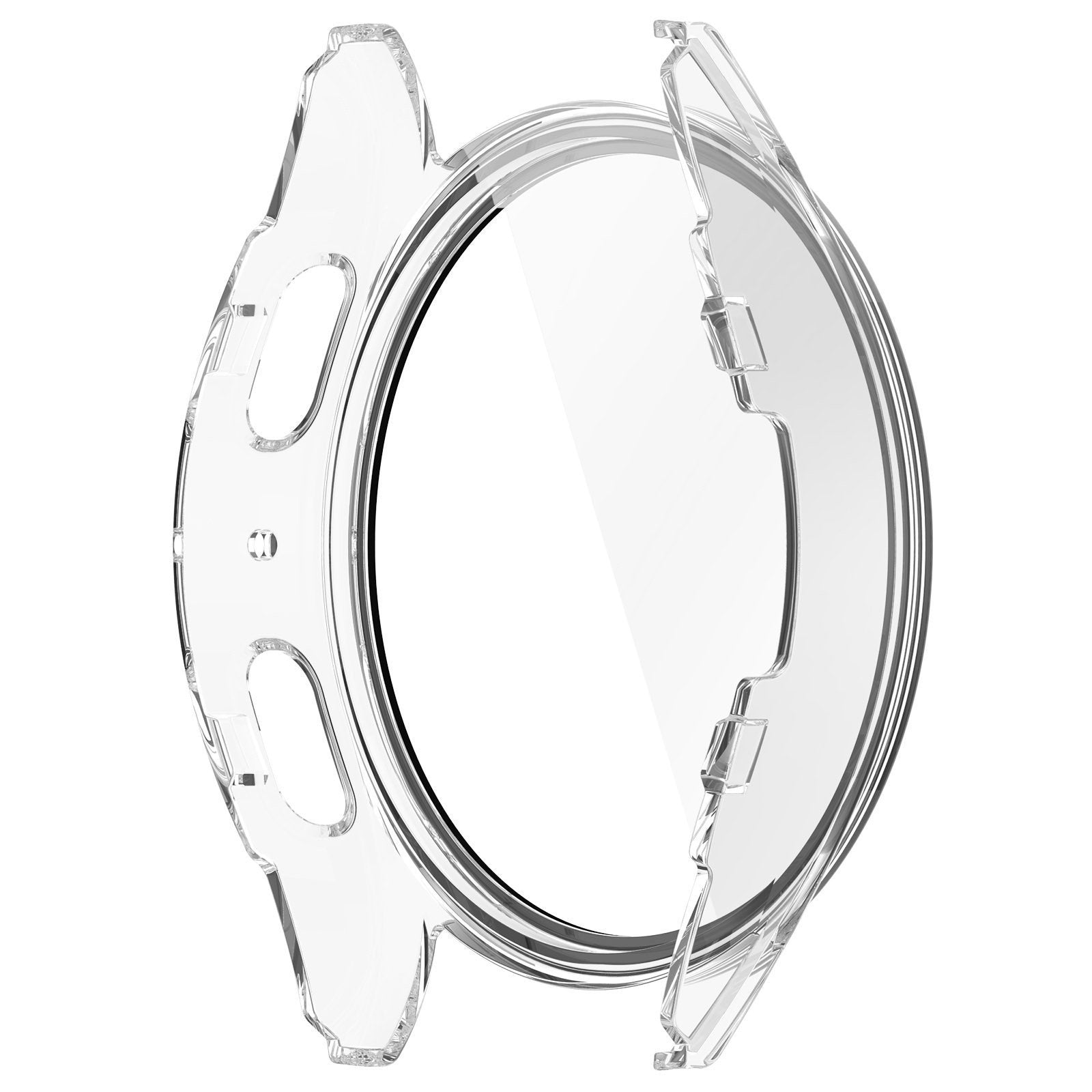 Transparente Uhrenhülle. Sie hat ein kreisförmiges Design mit Öffnungen für Tasten und Sensoren. Sie ist transparent.