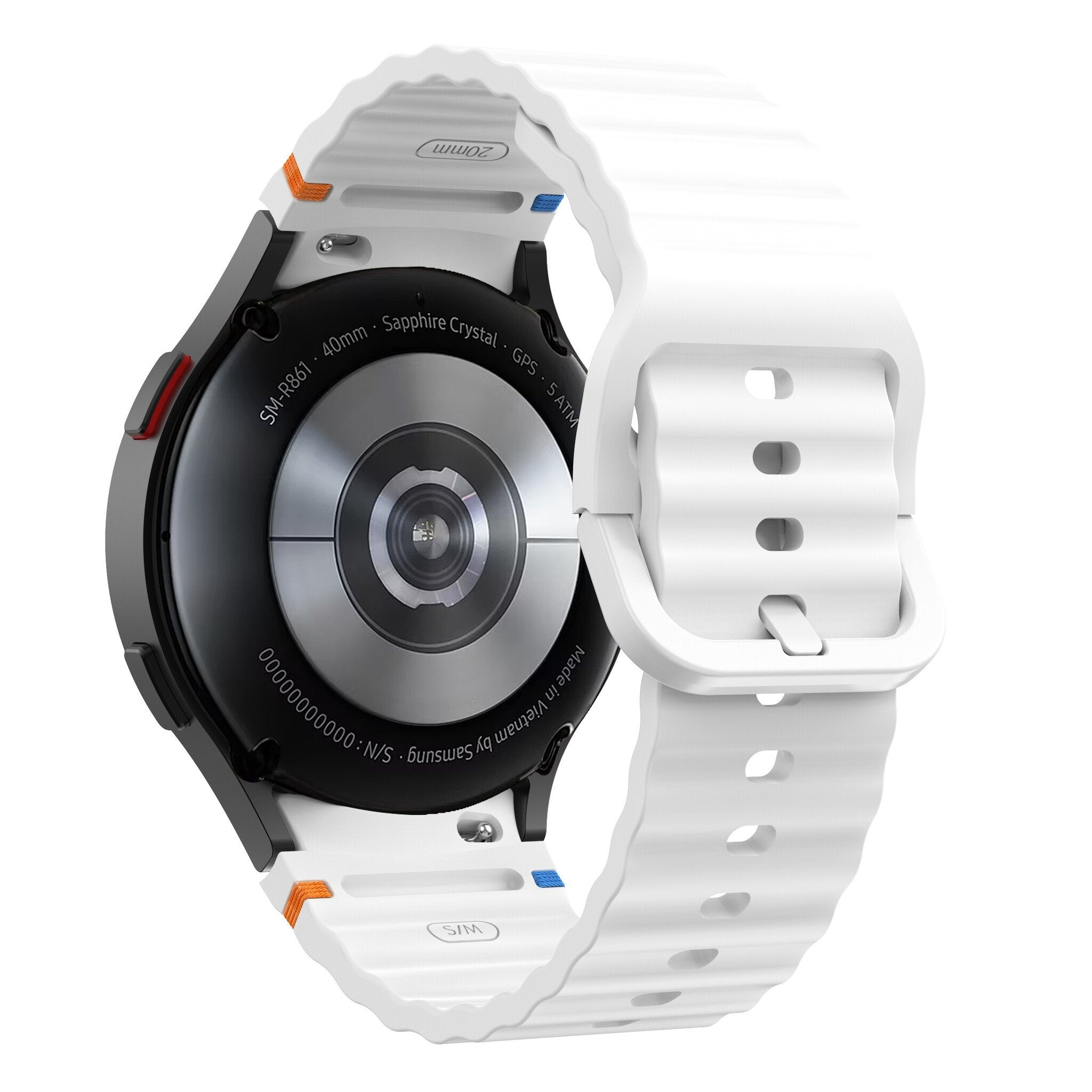Eine weiße Smartwatch mit weißem Armband. Das Zifferblatt ist schwarz, die Rückseite zeigt Spezifikationen und Seriennummer.