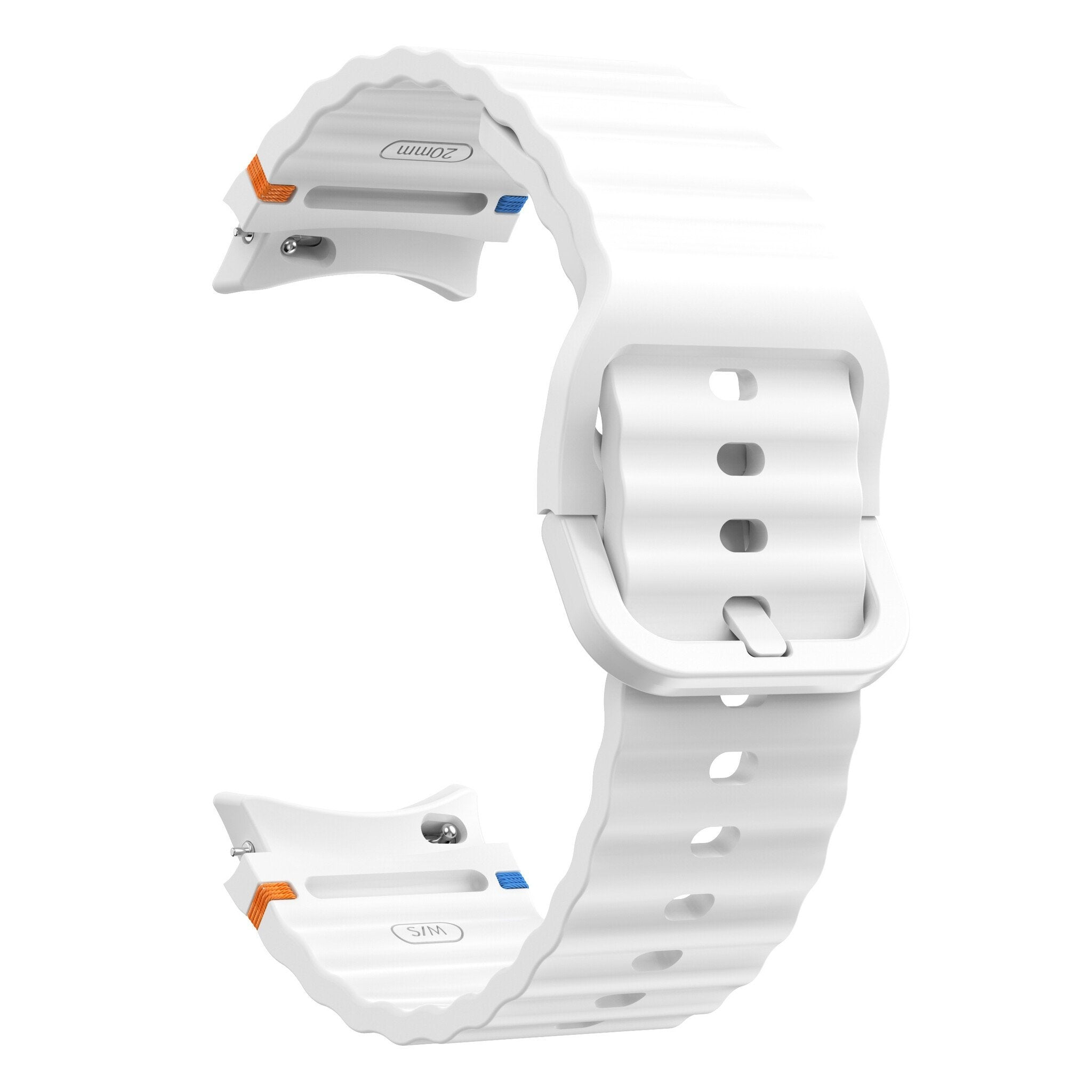 Ein weißes Uhrenarmband. Das Armband hat ein wellenförmiges Design. Orange und blaue Akzente sind sichtbar.